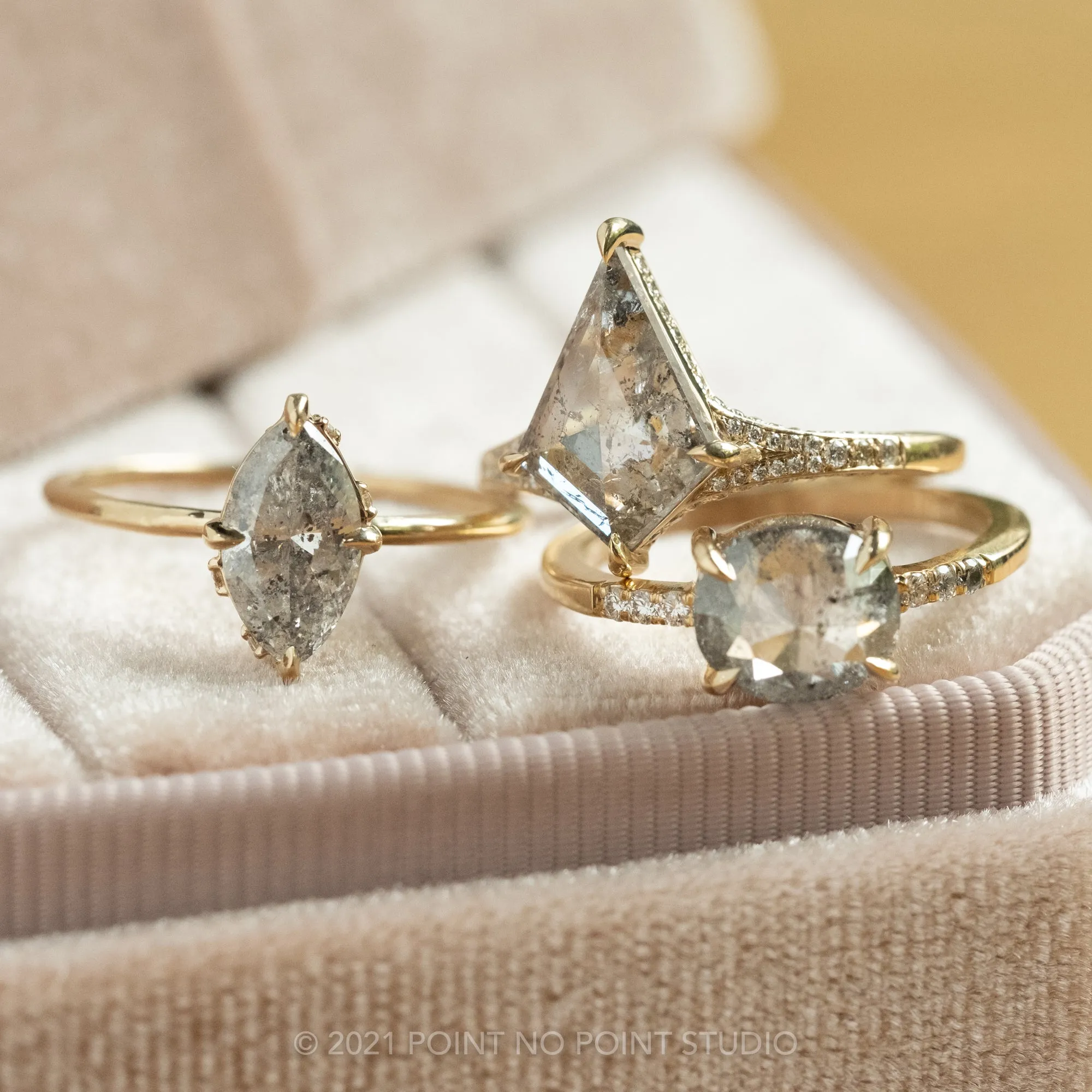 1.11 Carat Salt and Pepper Oval Diamond Engagement Ring, Jules Setting, 14K Yellow Gold