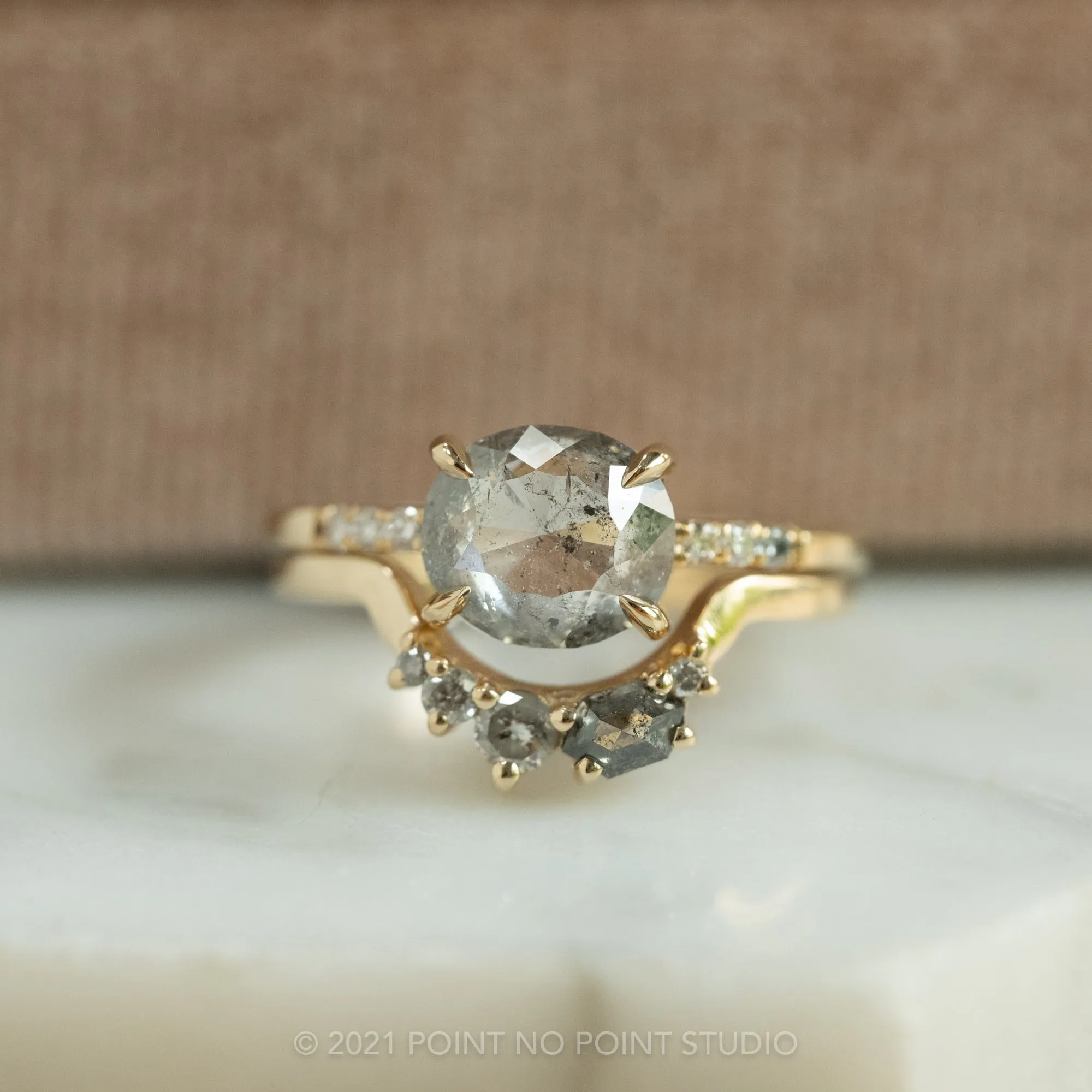 1.11 Carat Salt and Pepper Oval Diamond Engagement Ring, Jules Setting, 14K Yellow Gold