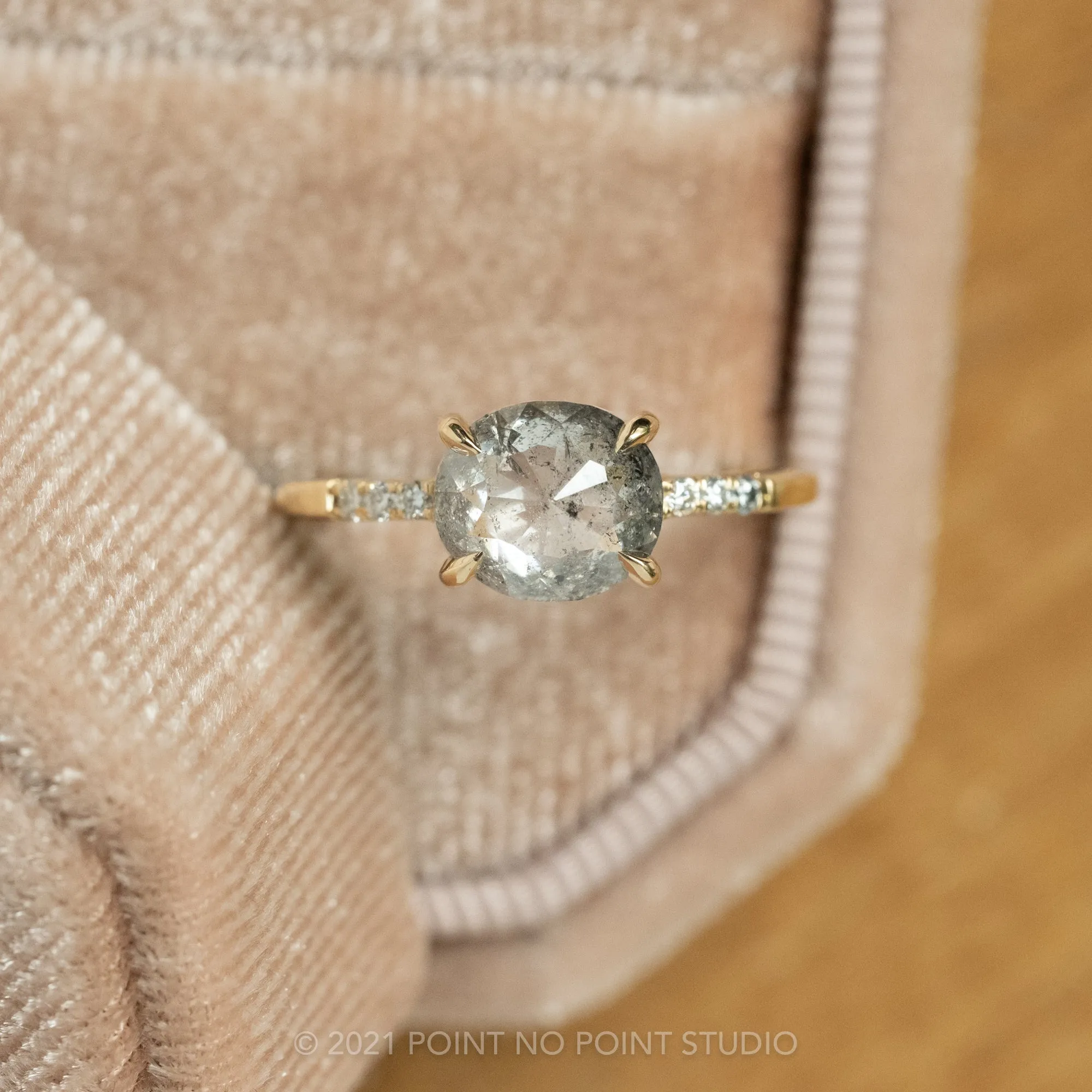 1.11 Carat Salt and Pepper Oval Diamond Engagement Ring, Jules Setting, 14K Yellow Gold