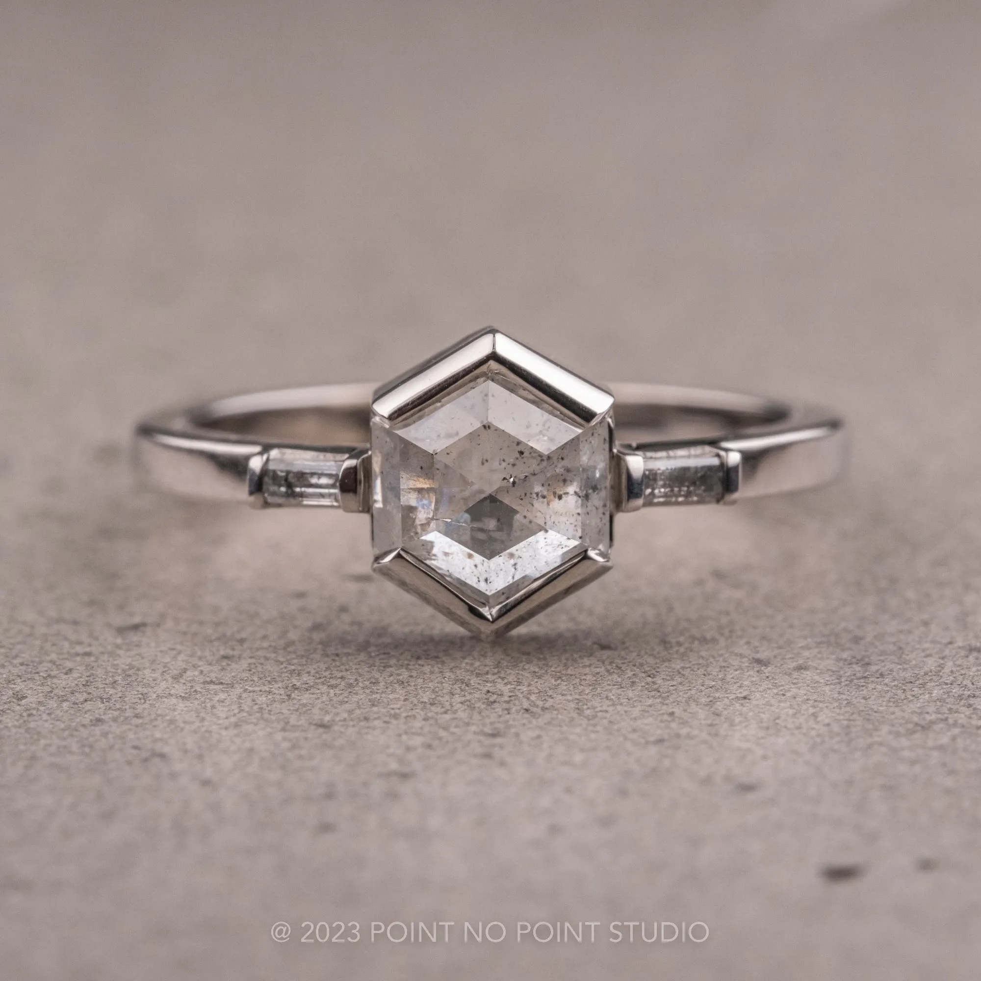 1.26 Carat Salt and Pepper Hexagon Diamond Engagement Ring, Zoe Setting, 14K White Gold