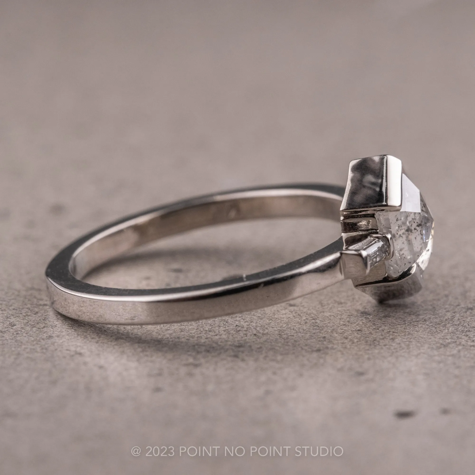 1.26 Carat Salt and Pepper Hexagon Diamond Engagement Ring, Zoe Setting, 14K White Gold