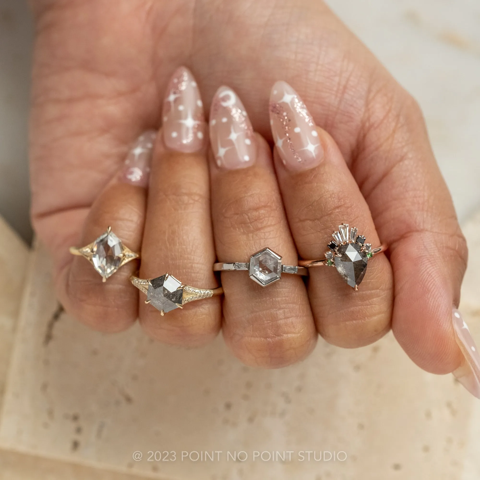 1.26 Carat Salt and Pepper Hexagon Diamond Engagement Ring, Zoe Setting, 14K White Gold