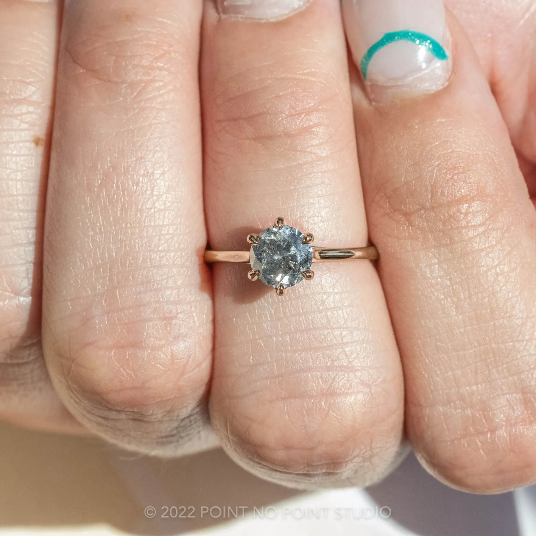 1.29 Carat Salt and Pepper Round Diamond Engagement Ring, Madeline Setting, 14k Rose Gold