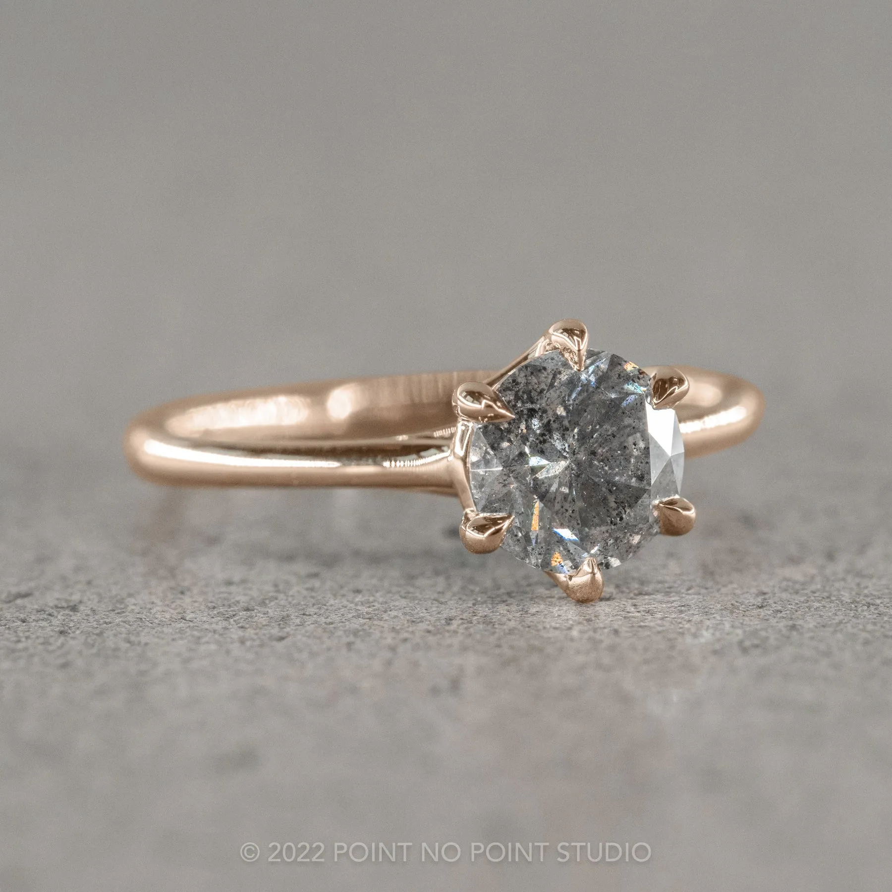 1.29 Carat Salt and Pepper Round Diamond Engagement Ring, Madeline Setting, 14k Rose Gold