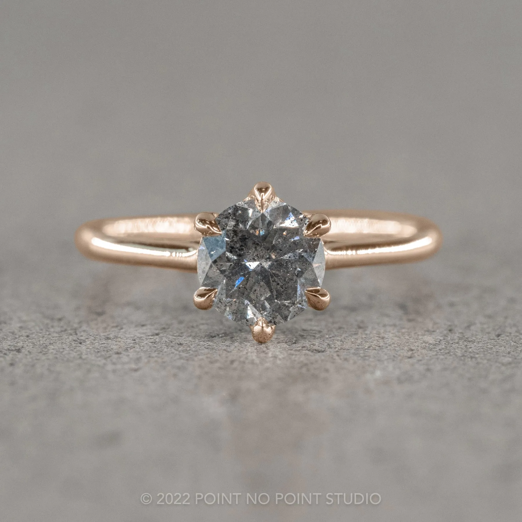 1.29 Carat Salt and Pepper Round Diamond Engagement Ring, Madeline Setting, 14k Rose Gold