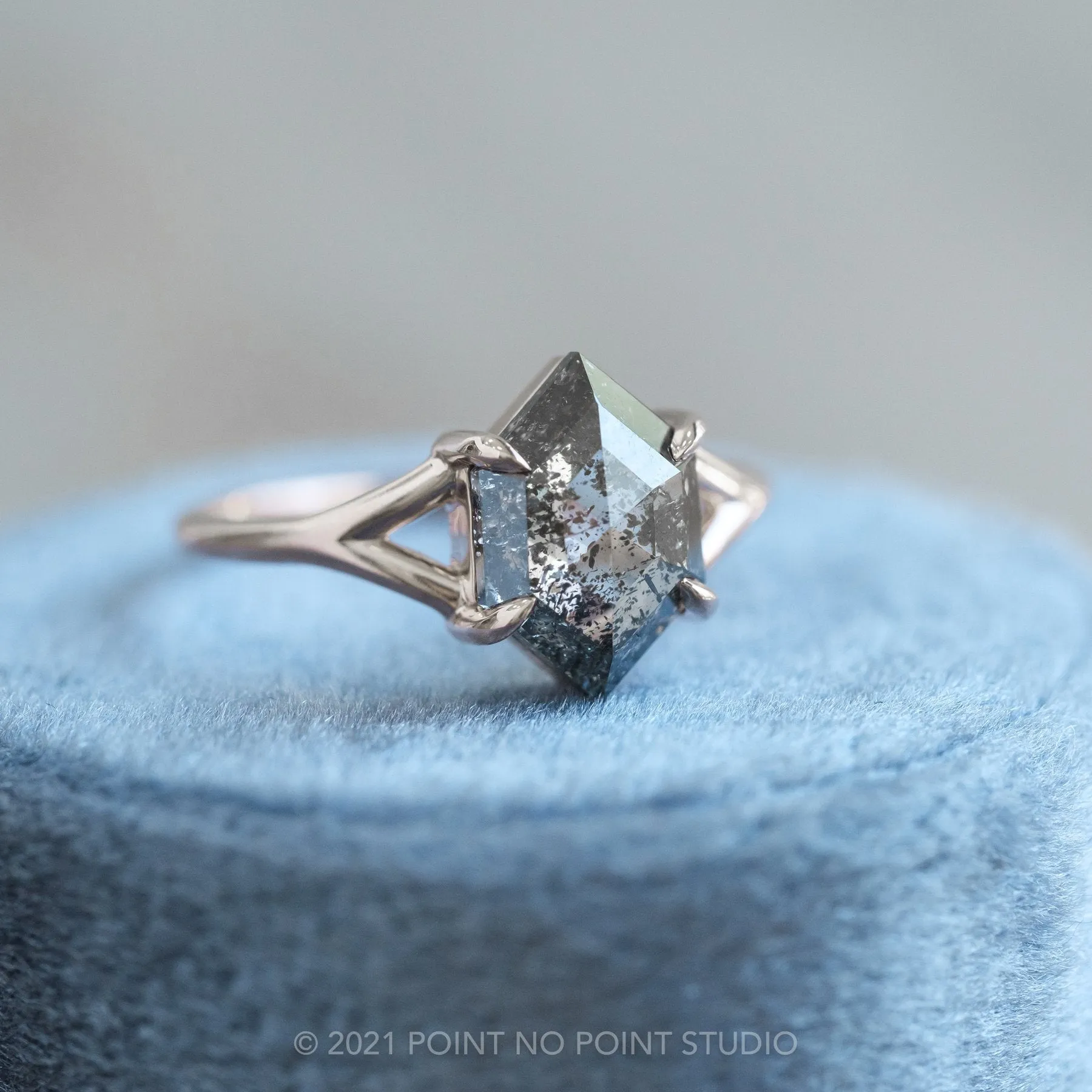 1.36 Carat Salt and Pepper Hexagon Diamond Engagement Ring, Split Shank Jane Setting, 14K White Gold