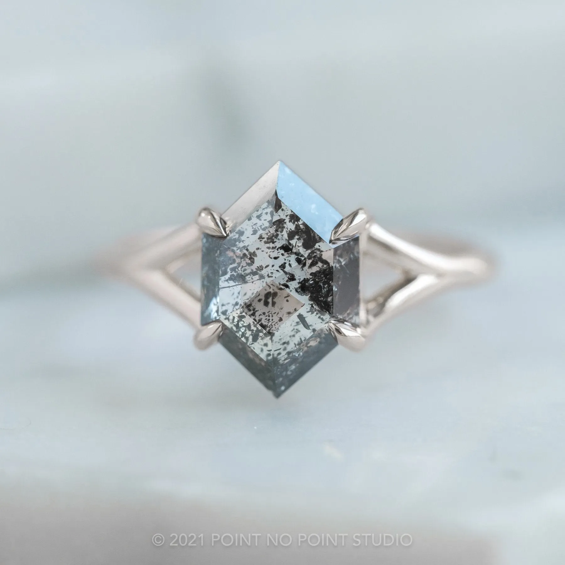 1.36 Carat Salt and Pepper Hexagon Diamond Engagement Ring, Split Shank Jane Setting, 14K White Gold