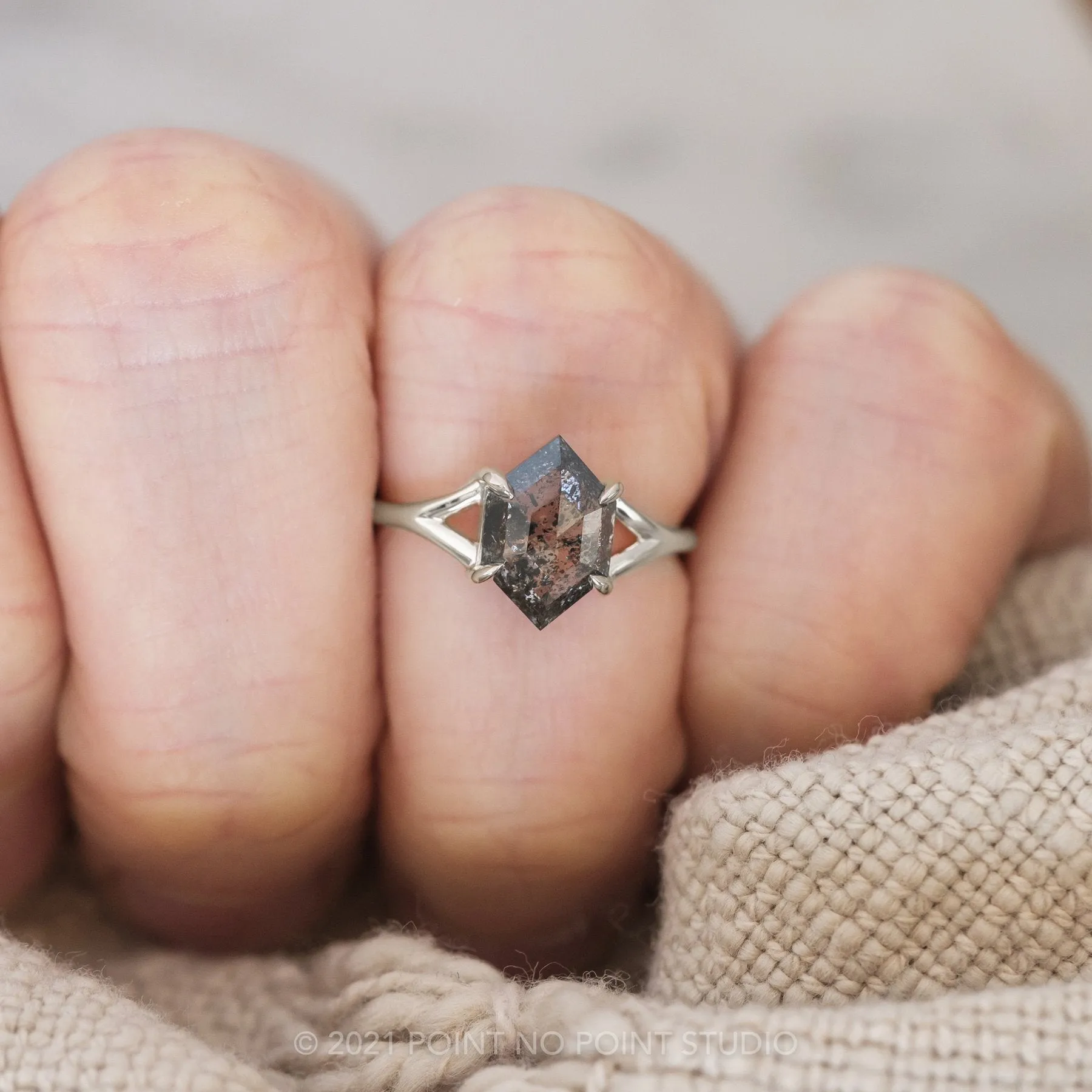 1.36 Carat Salt and Pepper Hexagon Diamond Engagement Ring, Split Shank Jane Setting, 14K White Gold