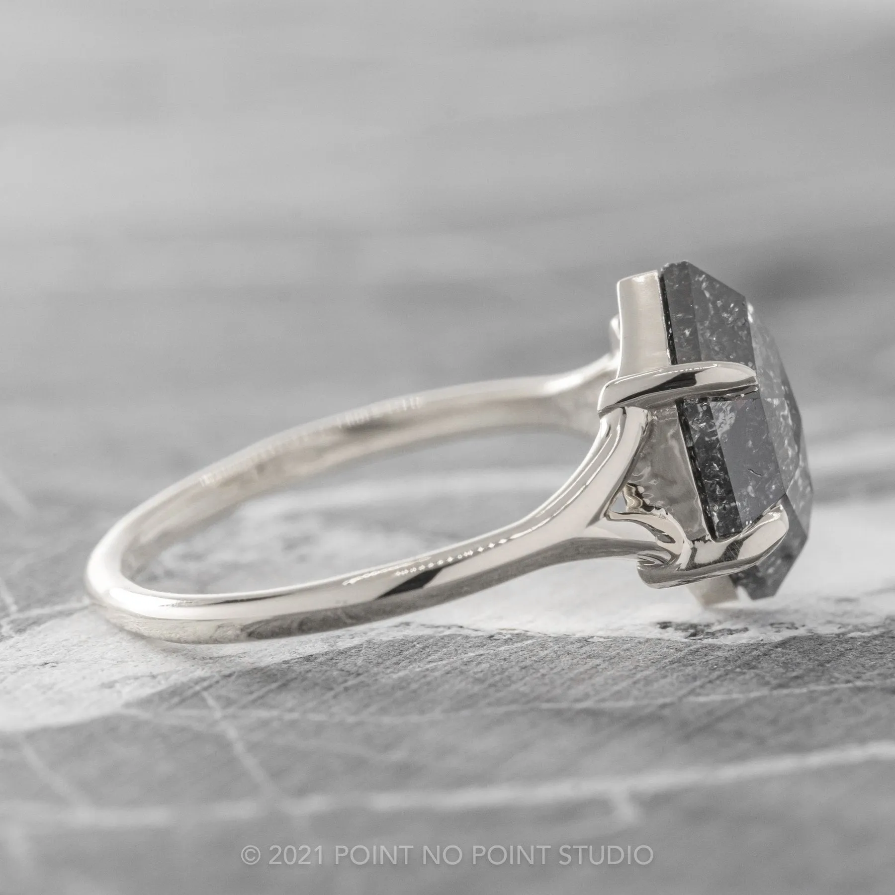 1.36 Carat Salt and Pepper Hexagon Diamond Engagement Ring, Split Shank Jane Setting, 14K White Gold