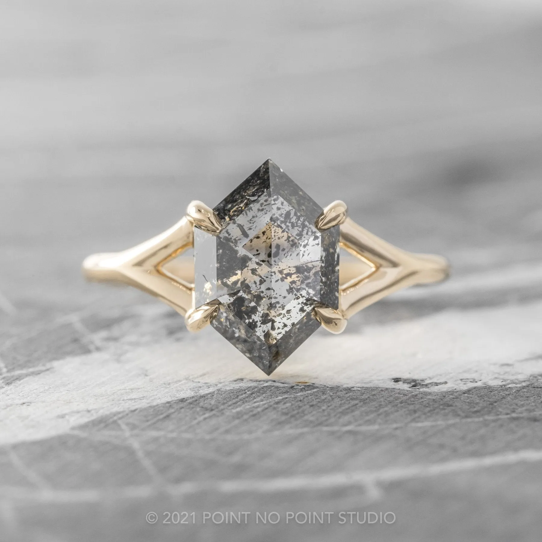 1.36 Carat Salt and Pepper Hexagon Diamond Engagement Ring, Split Shank Jane Setting, 14K Yellow Gold
