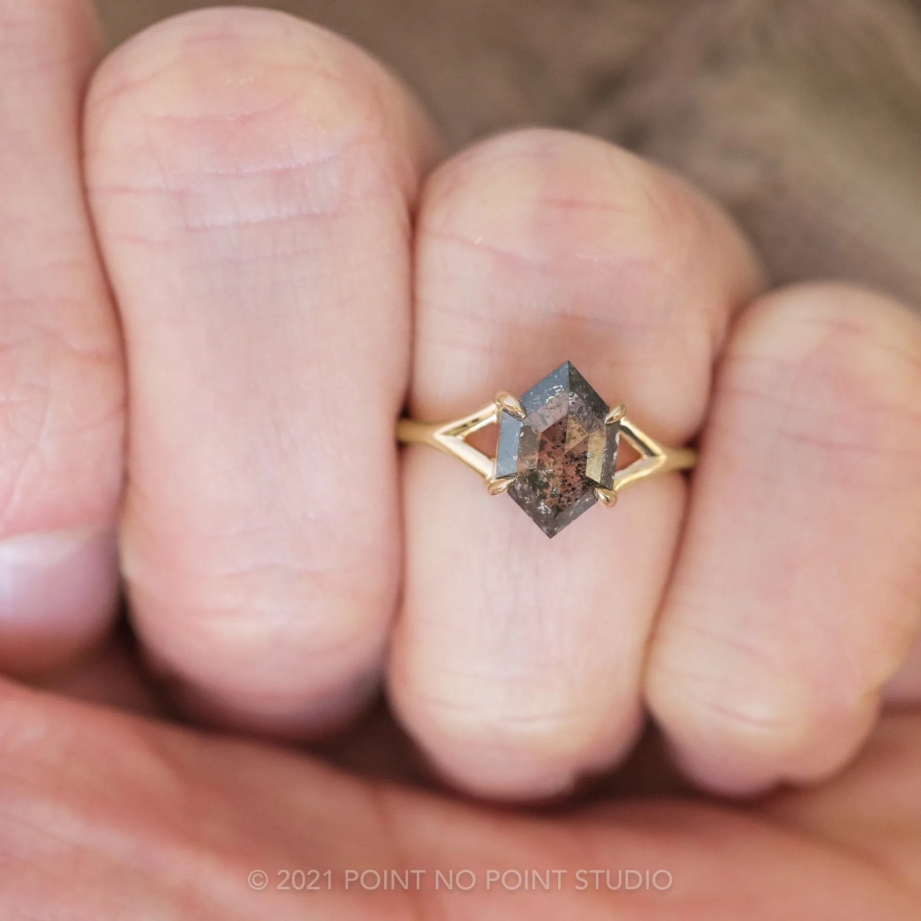 1.36 Carat Salt and Pepper Hexagon Diamond Engagement Ring, Split Shank Jane Setting, 14K Yellow Gold