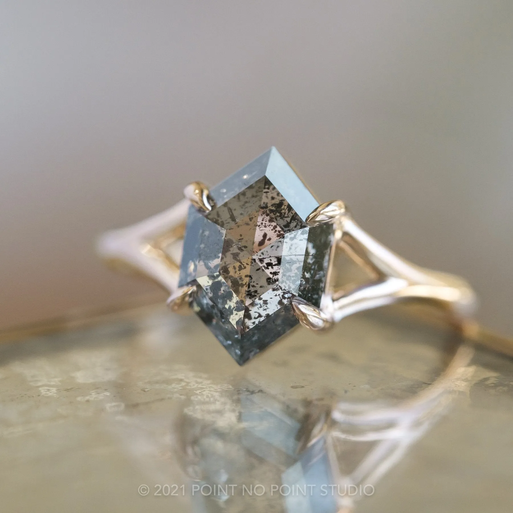 1.36 Carat Salt and Pepper Hexagon Diamond Engagement Ring, Split Shank Jane Setting, 14K Yellow Gold