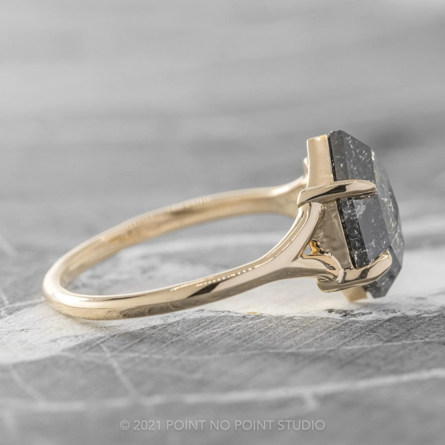 1.36 Carat Salt and Pepper Hexagon Diamond Engagement Ring, Split Shank Jane Setting, 14K Yellow Gold
