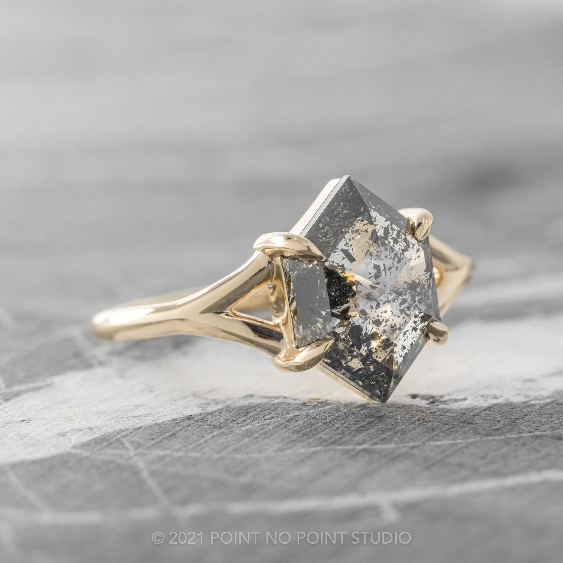 1.36 Carat Salt and Pepper Hexagon Diamond Engagement Ring, Split Shank Jane Setting, 14K Yellow Gold