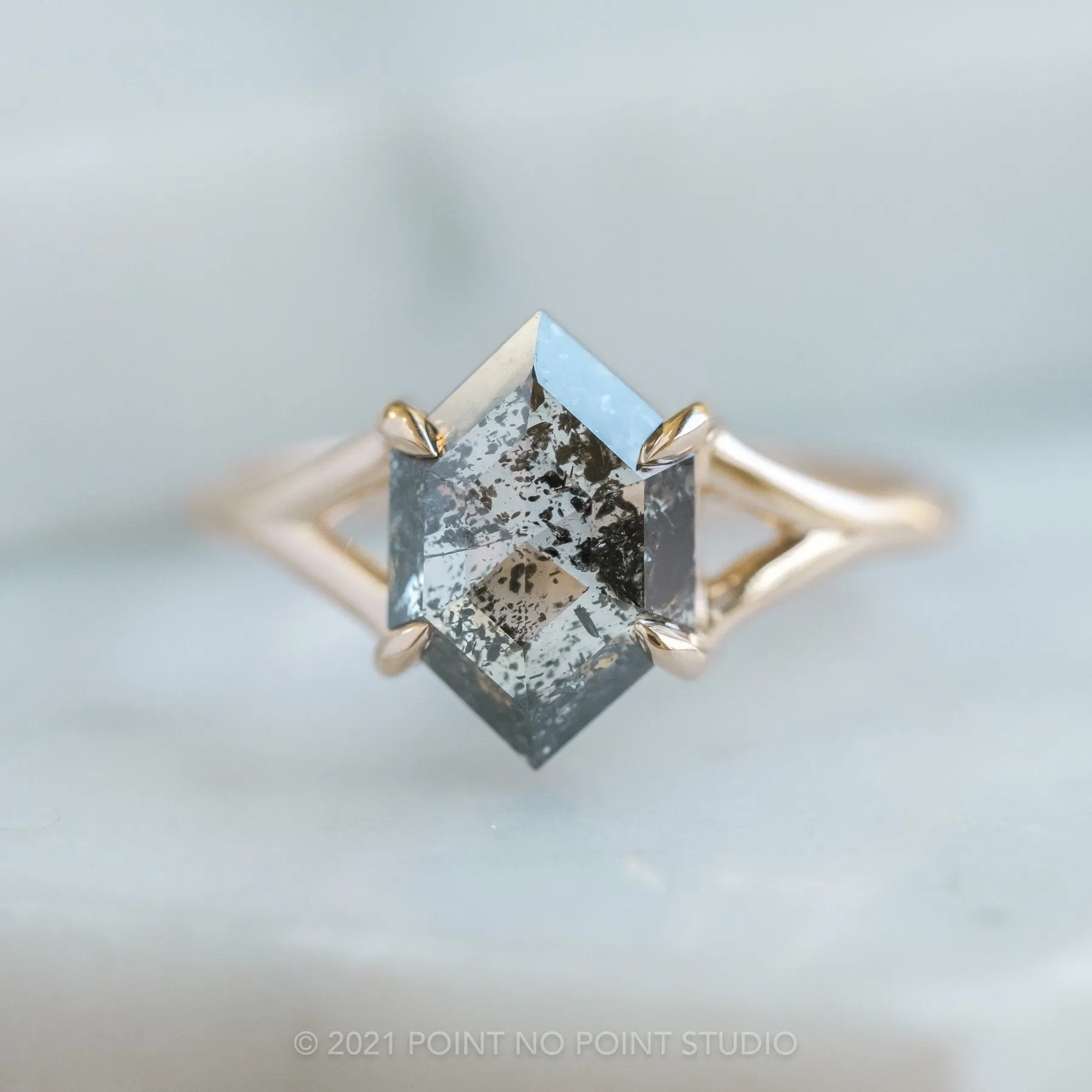 1.36 Carat Salt and Pepper Hexagon Diamond Engagement Ring, Split Shank Jane Setting, 14K Yellow Gold