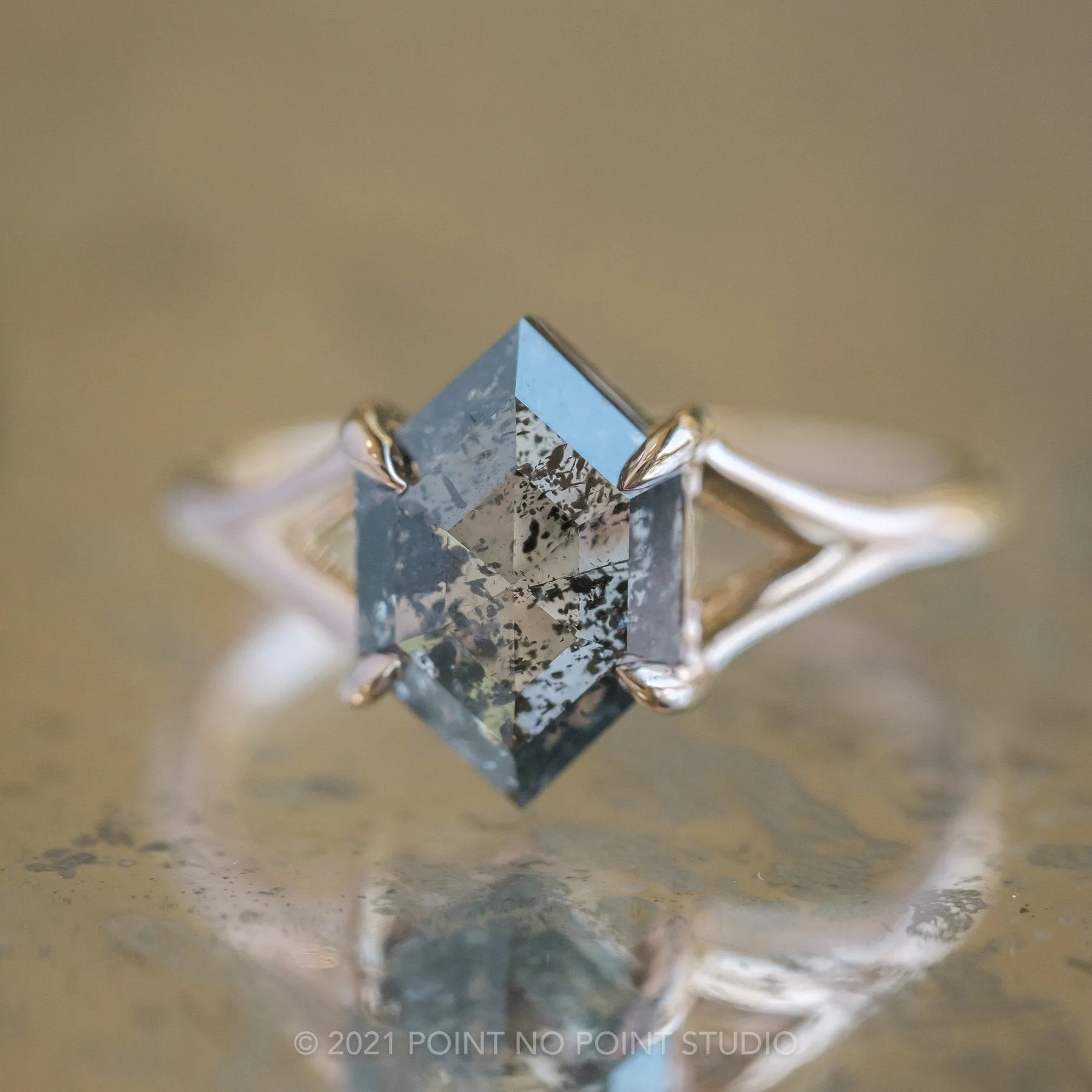 1.36 Carat Salt and Pepper Hexagon Diamond Engagement Ring, Split Shank Jane Setting, 14K Yellow Gold