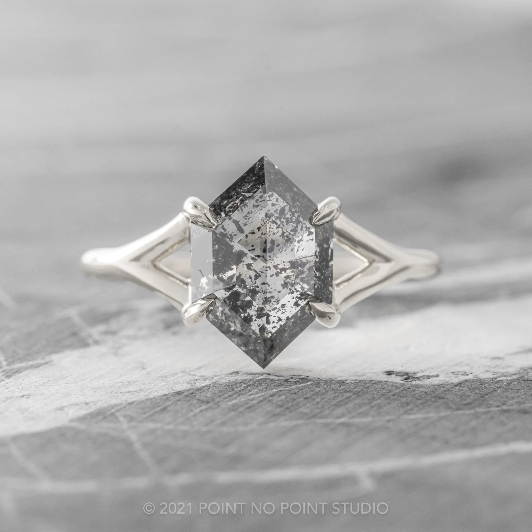 1.36 Carat Salt and Pepper Hexagon Diamond Engagement Ring, Split Shank Jane Setting, Platinum