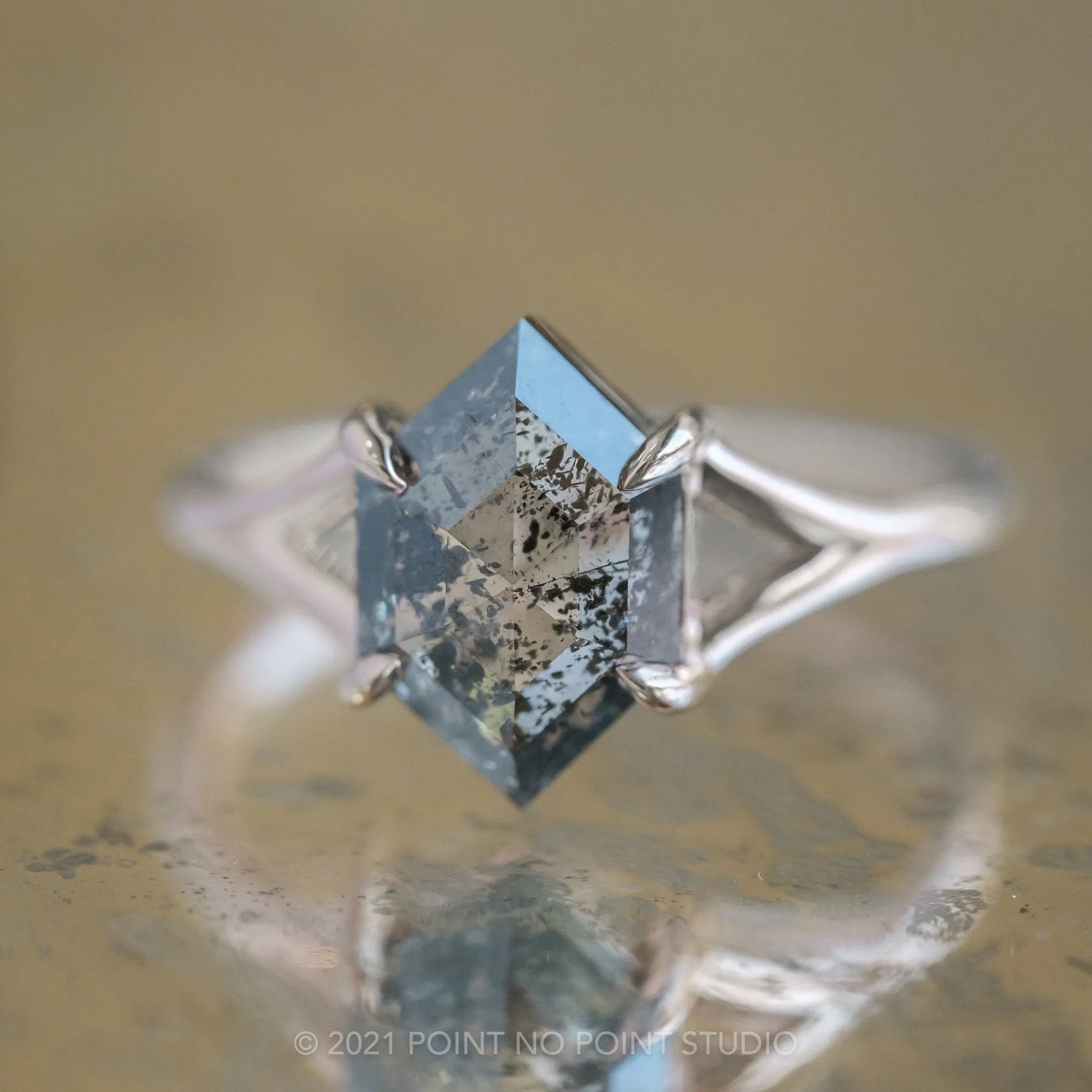 1.36 Carat Salt and Pepper Hexagon Diamond Engagement Ring, Split Shank Jane Setting, Platinum