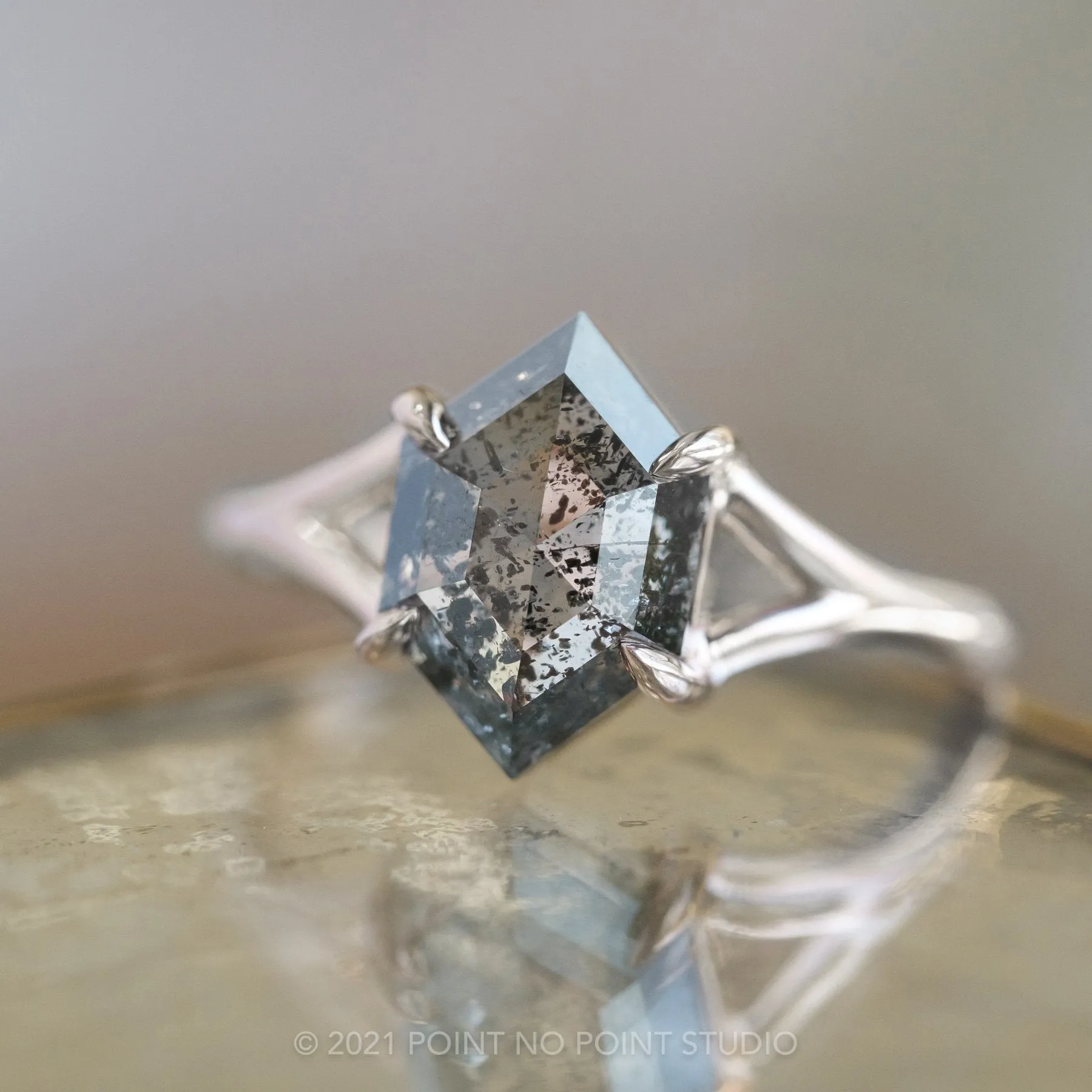 1.36 Carat Salt and Pepper Hexagon Diamond Engagement Ring, Split Shank Jane Setting, Platinum