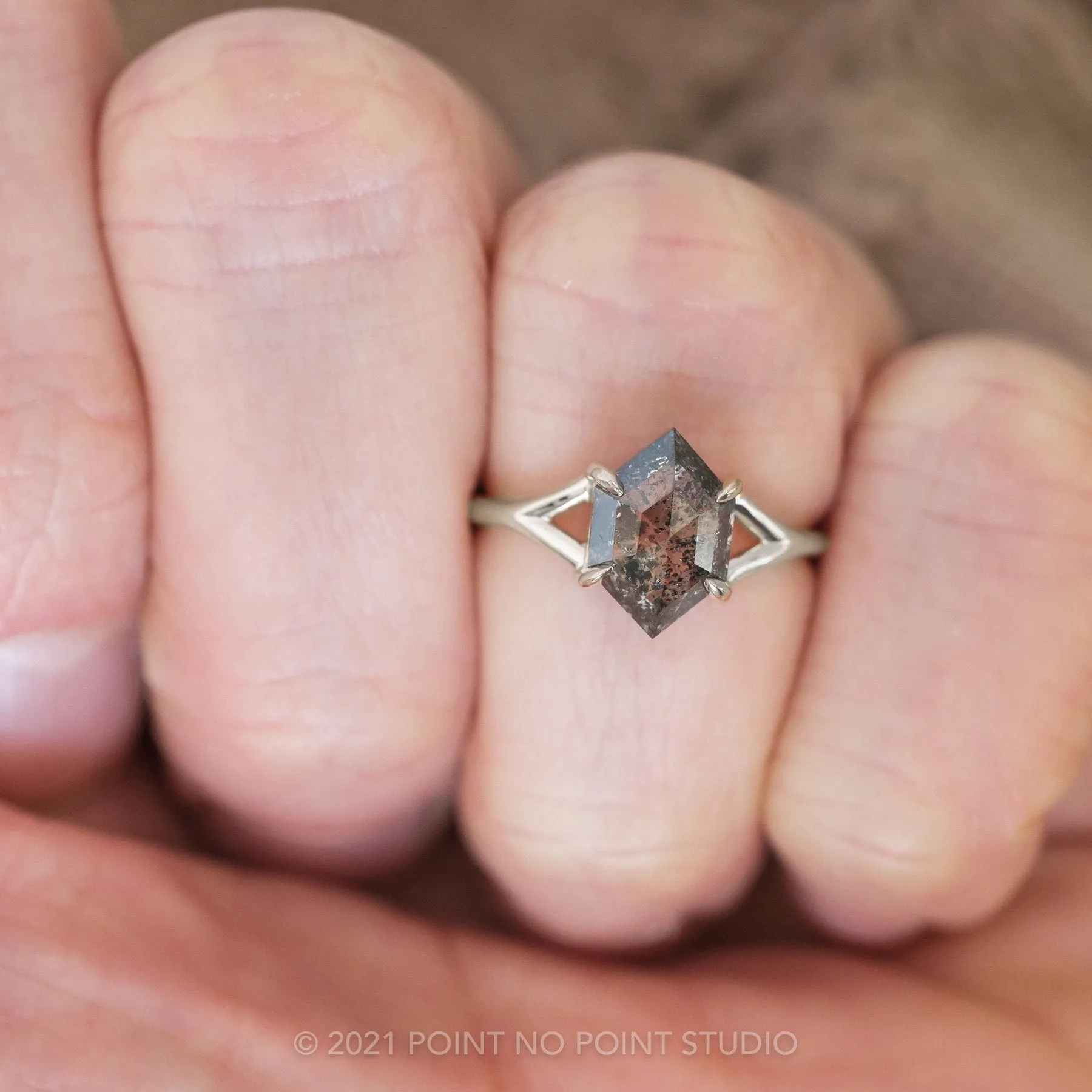 1.36 Carat Salt and Pepper Hexagon Diamond Engagement Ring, Split Shank Jane Setting, Platinum