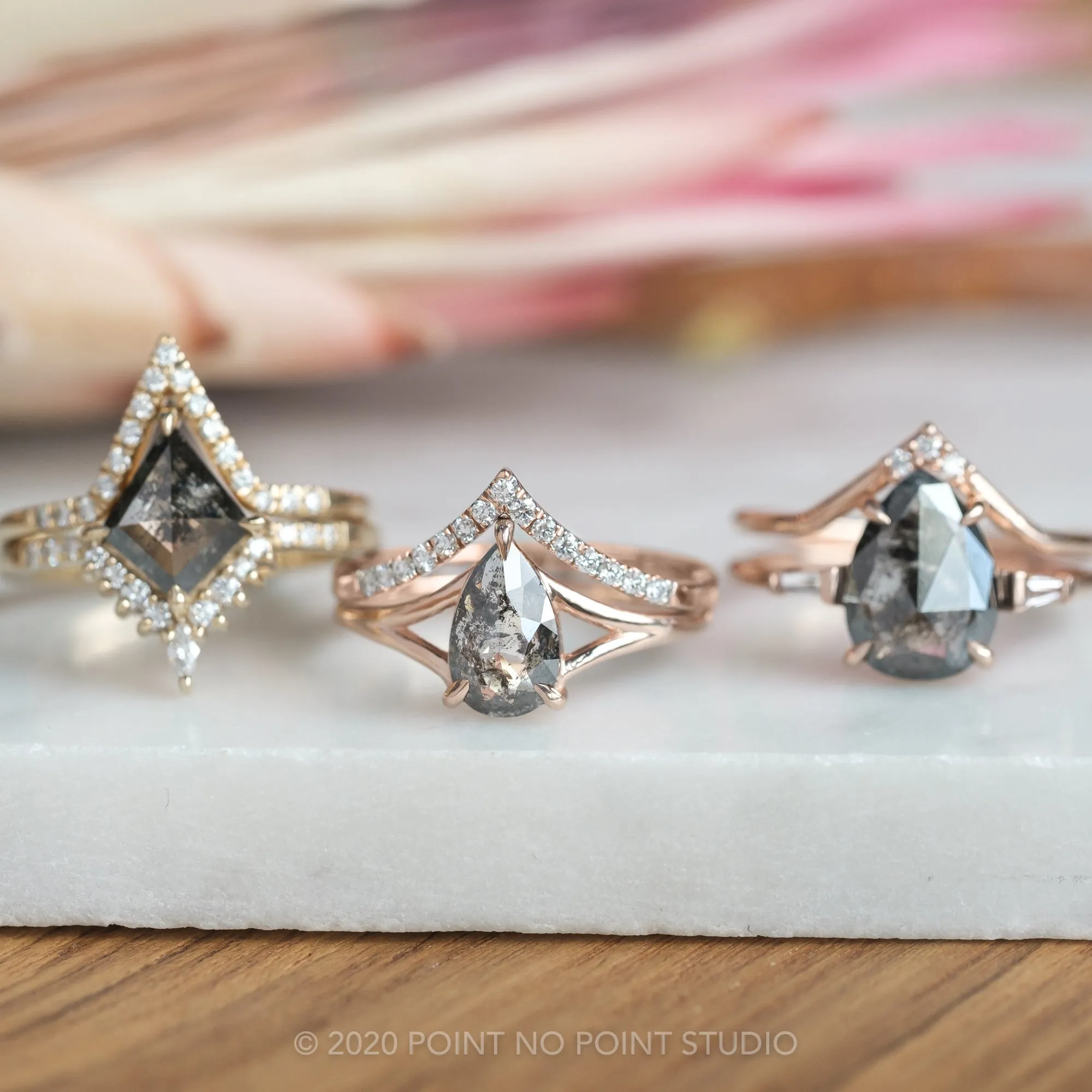 1.37 Carat Black Speckled Pear Diamond Engagement Ring, Split Shank Jane, 14K Rose Gold