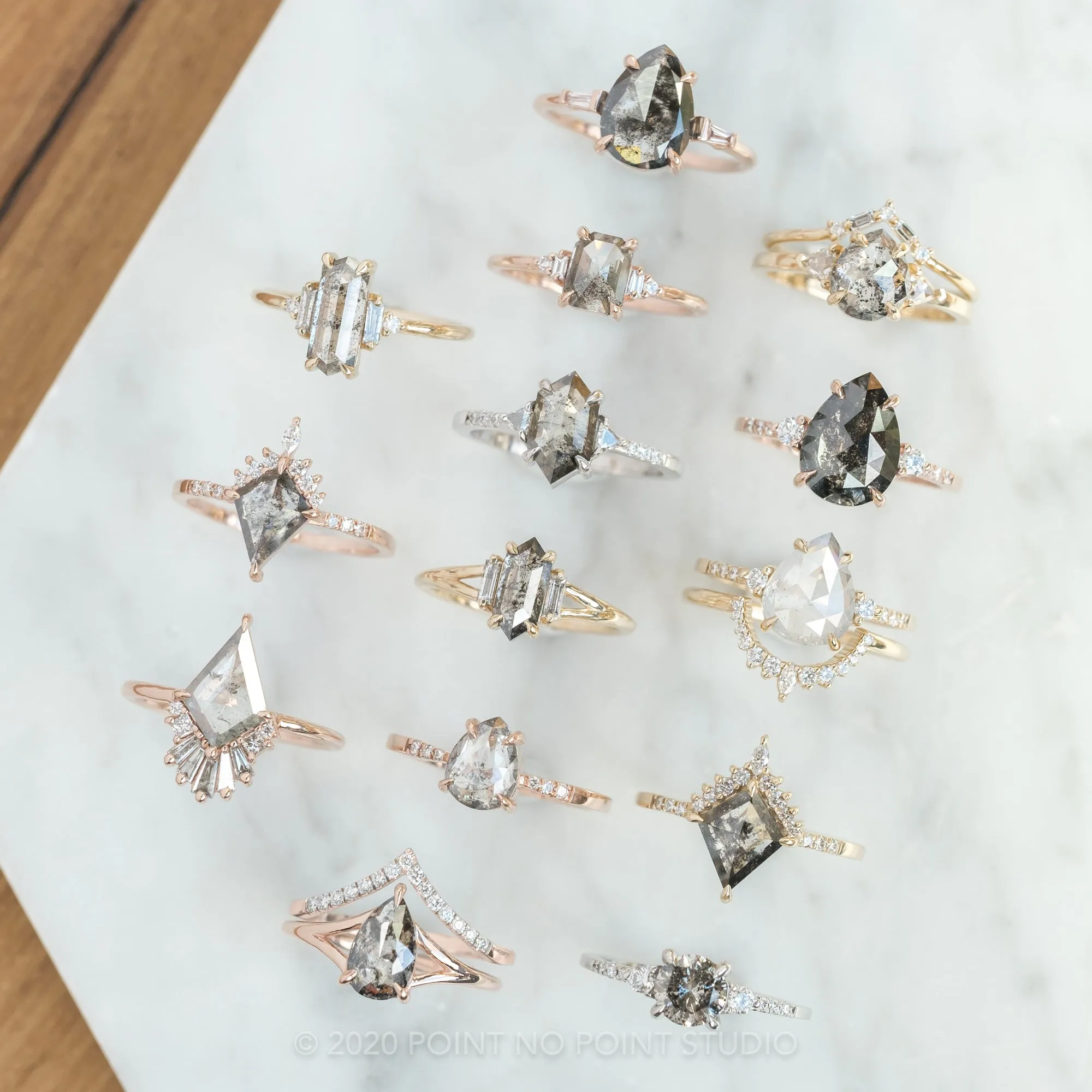 1.37 Carat Black Speckled Pear Diamond Engagement Ring, Split Shank Jane, 14K Rose Gold