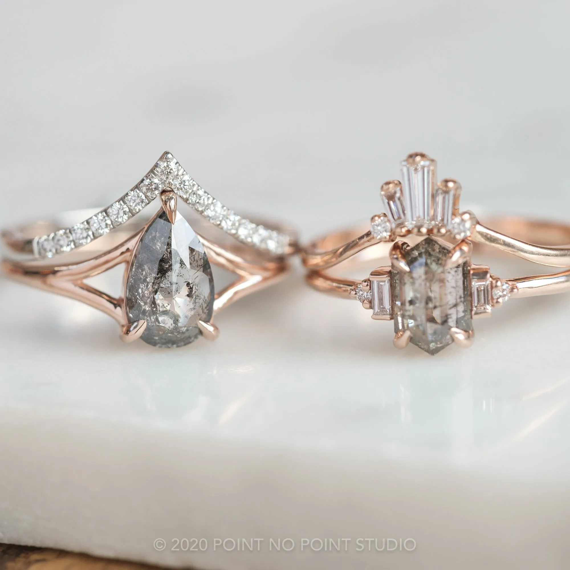 1.37 Carat Black Speckled Pear Diamond Engagement Ring, Split Shank Jane, 14K Rose Gold