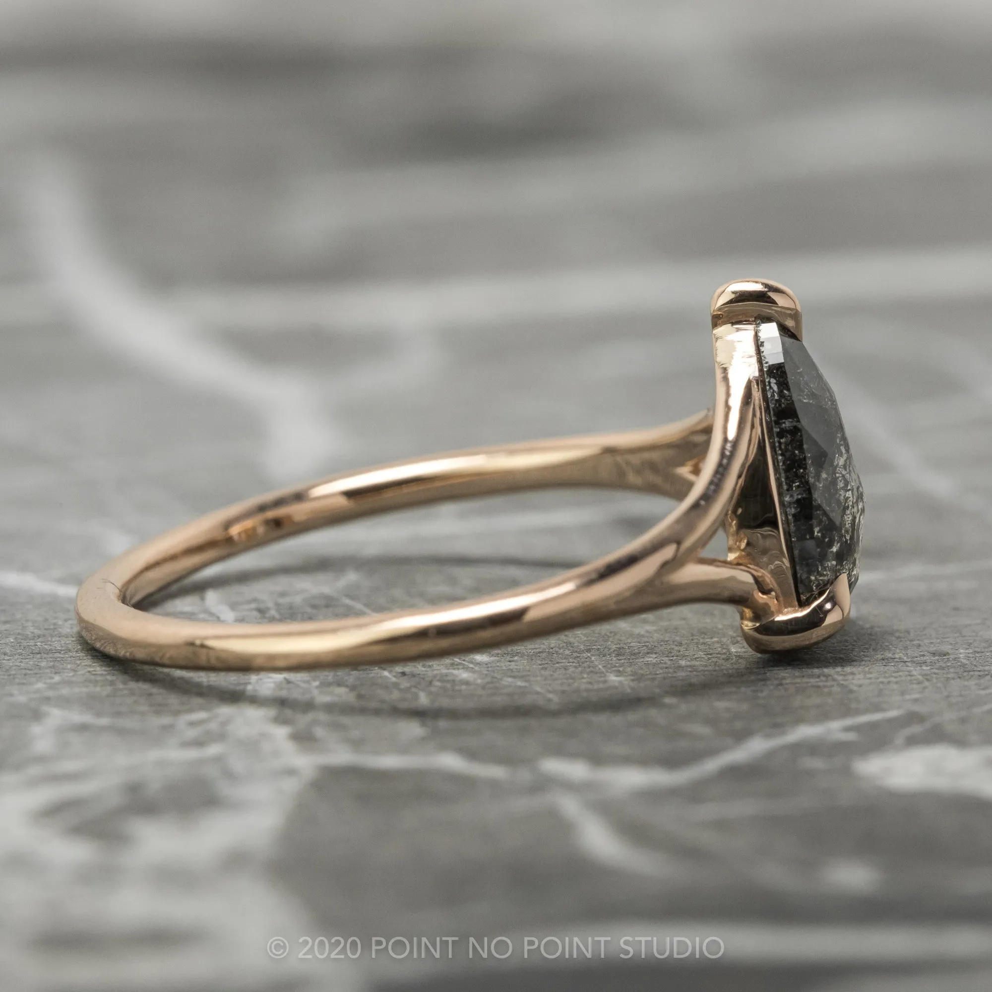 1.37 Carat Black Speckled Pear Diamond Engagement Ring, Split Shank Jane, 14K Rose Gold