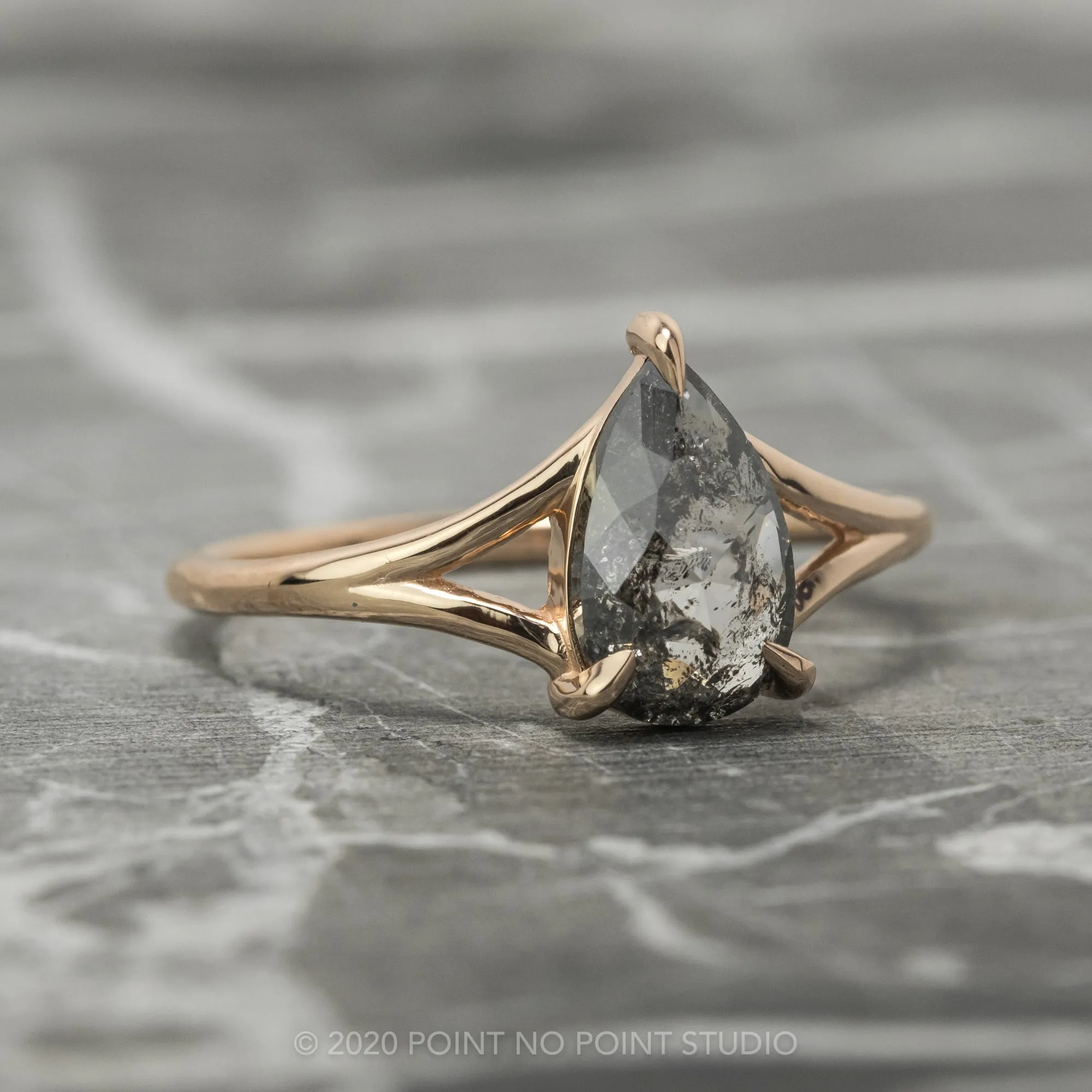 1.37 Carat Black Speckled Pear Diamond Engagement Ring, Split Shank Jane, 14K Rose Gold