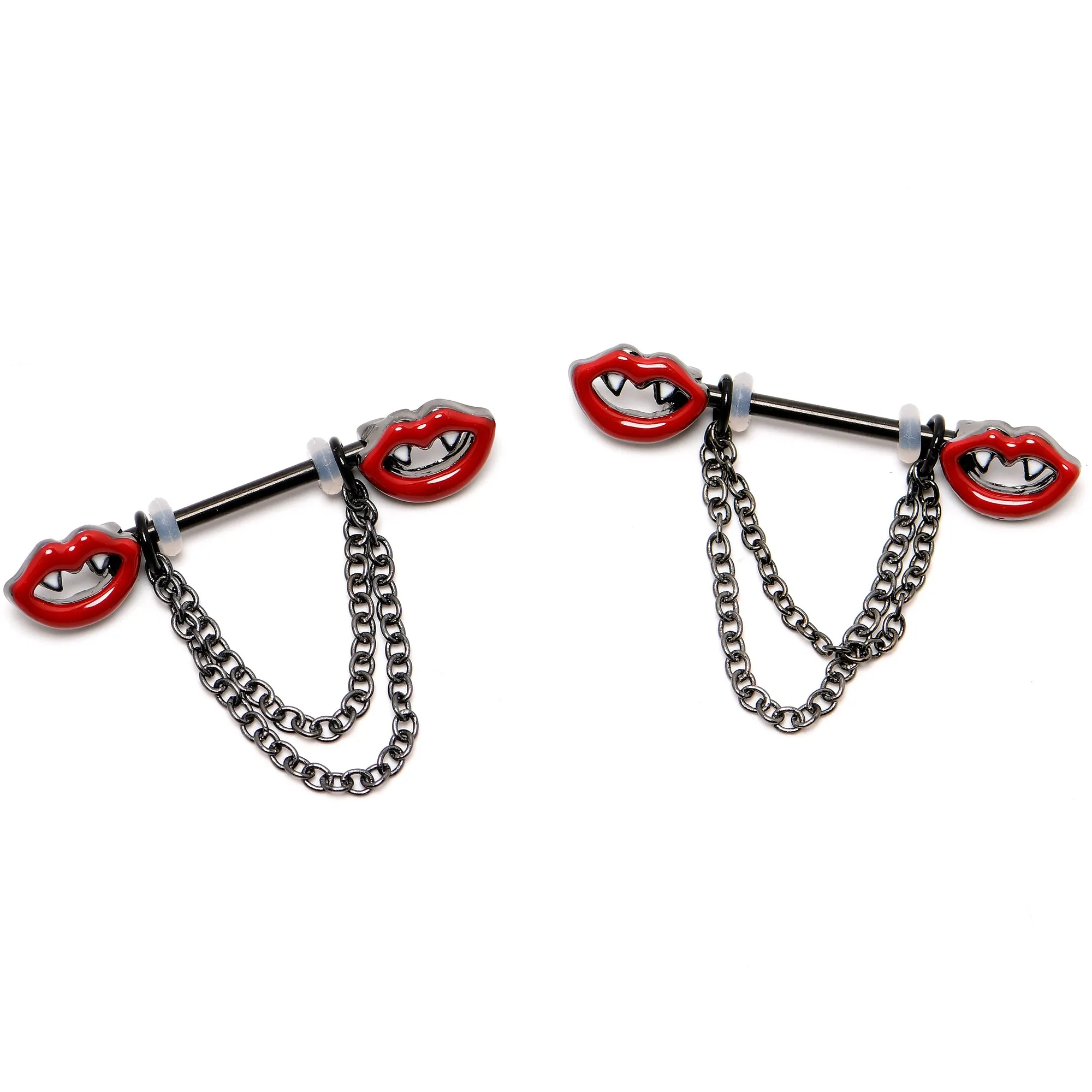 14 Gauge 11/16 Black Vampire Fangs Chain Dangle Nipple Ring Set
