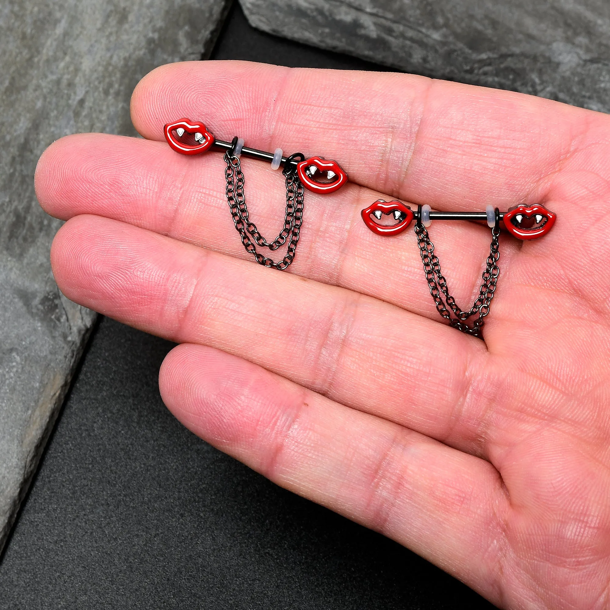 14 Gauge 11/16 Black Vampire Fangs Chain Dangle Nipple Ring Set
