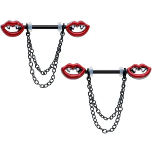 14 Gauge 11/16 Black Vampire Fangs Chain Dangle Nipple Ring Set