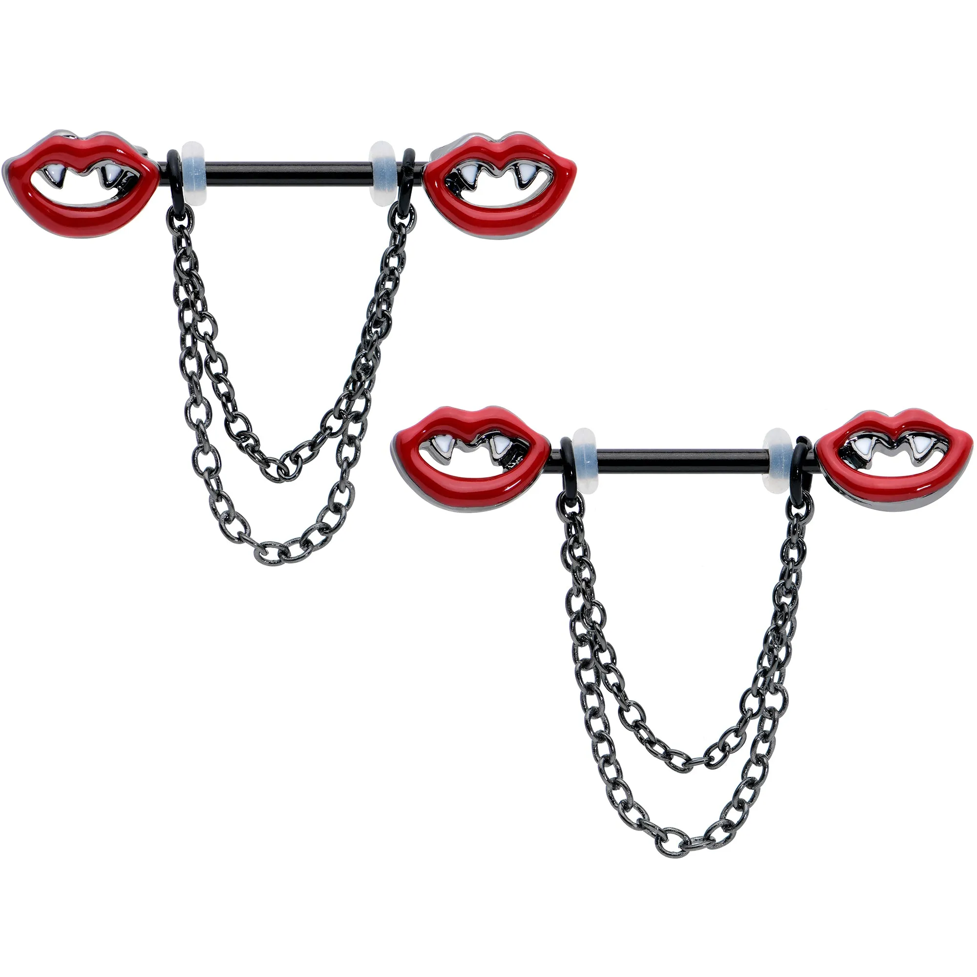 14 Gauge 11/16 Black Vampire Fangs Chain Dangle Nipple Ring Set