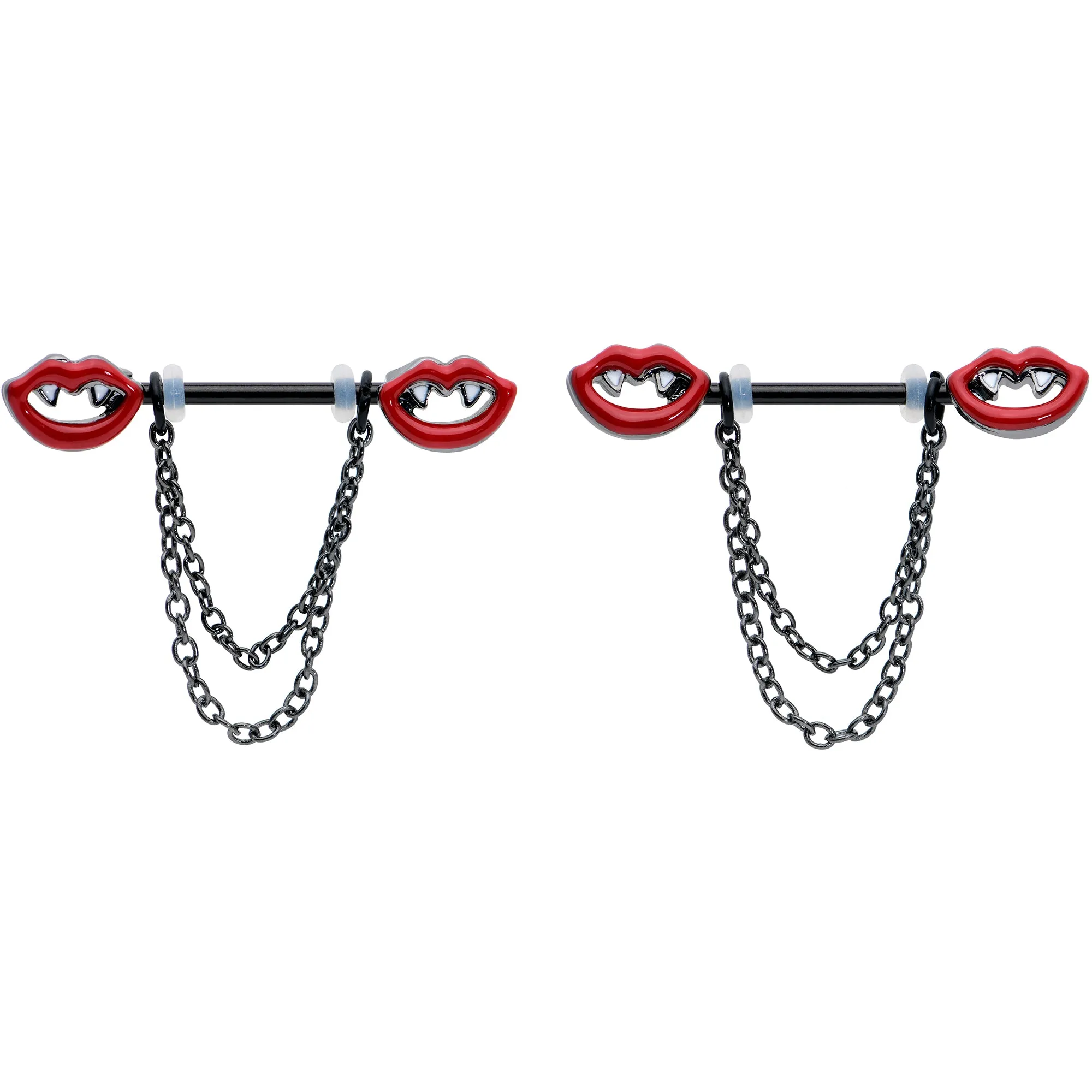 14 Gauge 11/16 Black Vampire Fangs Chain Dangle Nipple Ring Set