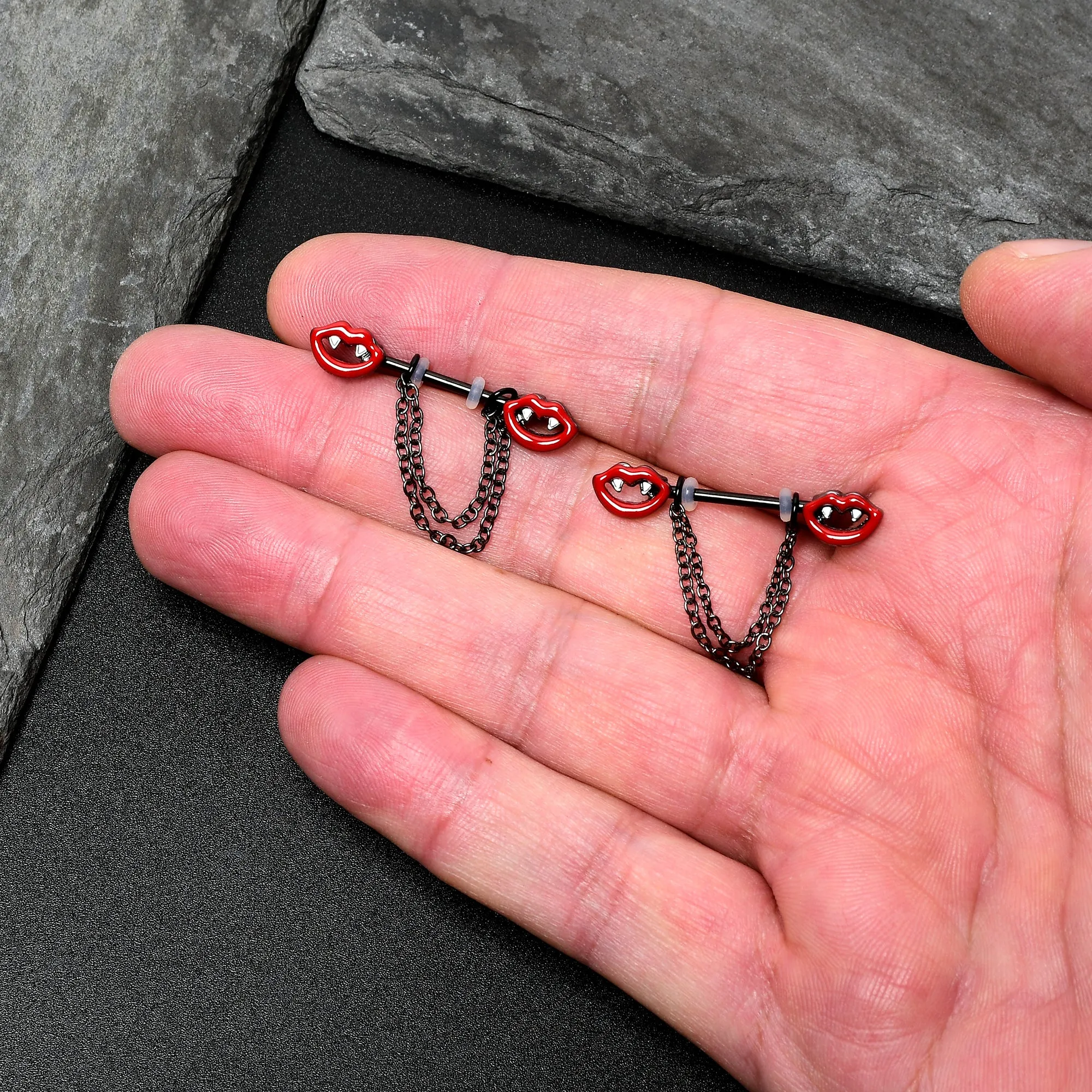 14 Gauge 11/16 Black Vampire Fangs Chain Dangle Nipple Ring Set