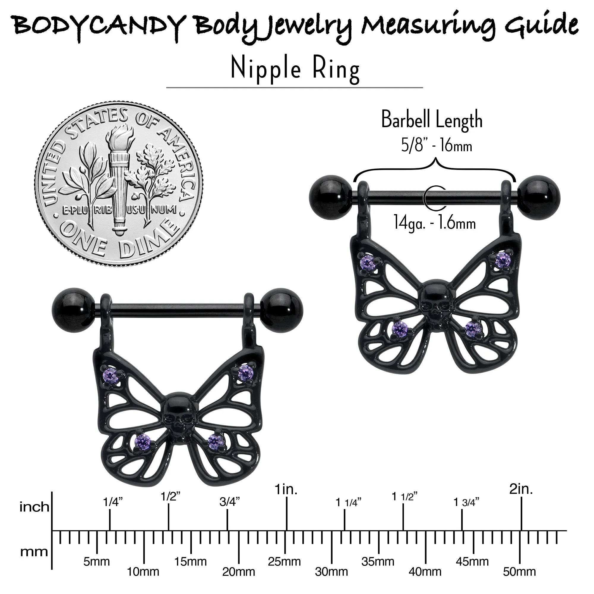 14 Gauge 11/16 Purple CZ Gem Black Skull Butterfly Dangle Nipple Ring Set