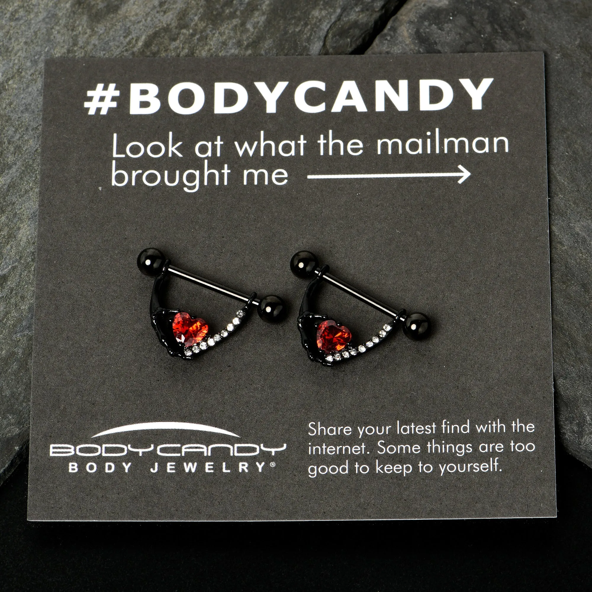 14 Gauge 11/16 Red Clear CZ Gem Heart Claw Hand Dangle Nipple Ring Set