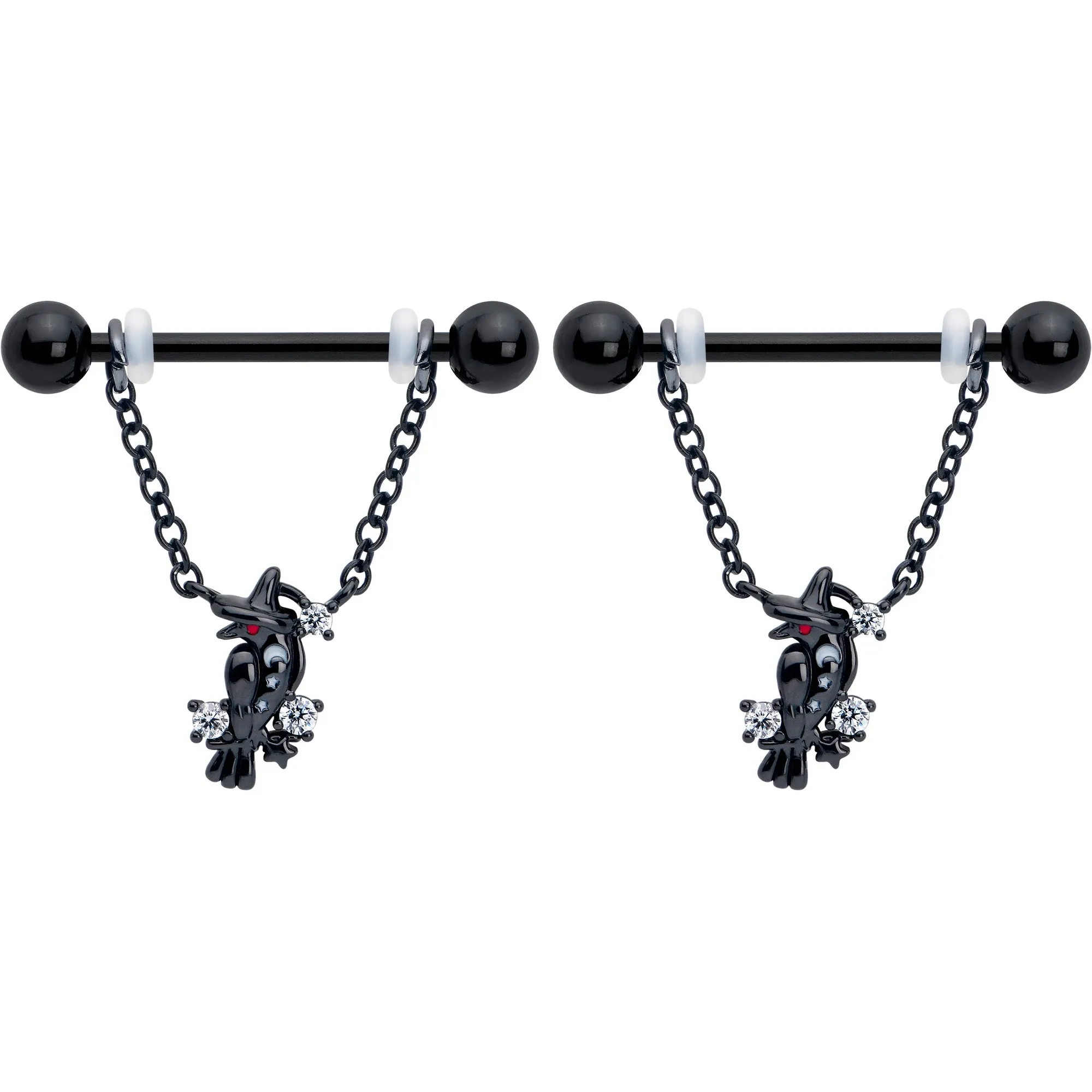 14 Gauge 9/16 Clear CZ Gem Black Raven Witch Dangle Nipple Ring Set