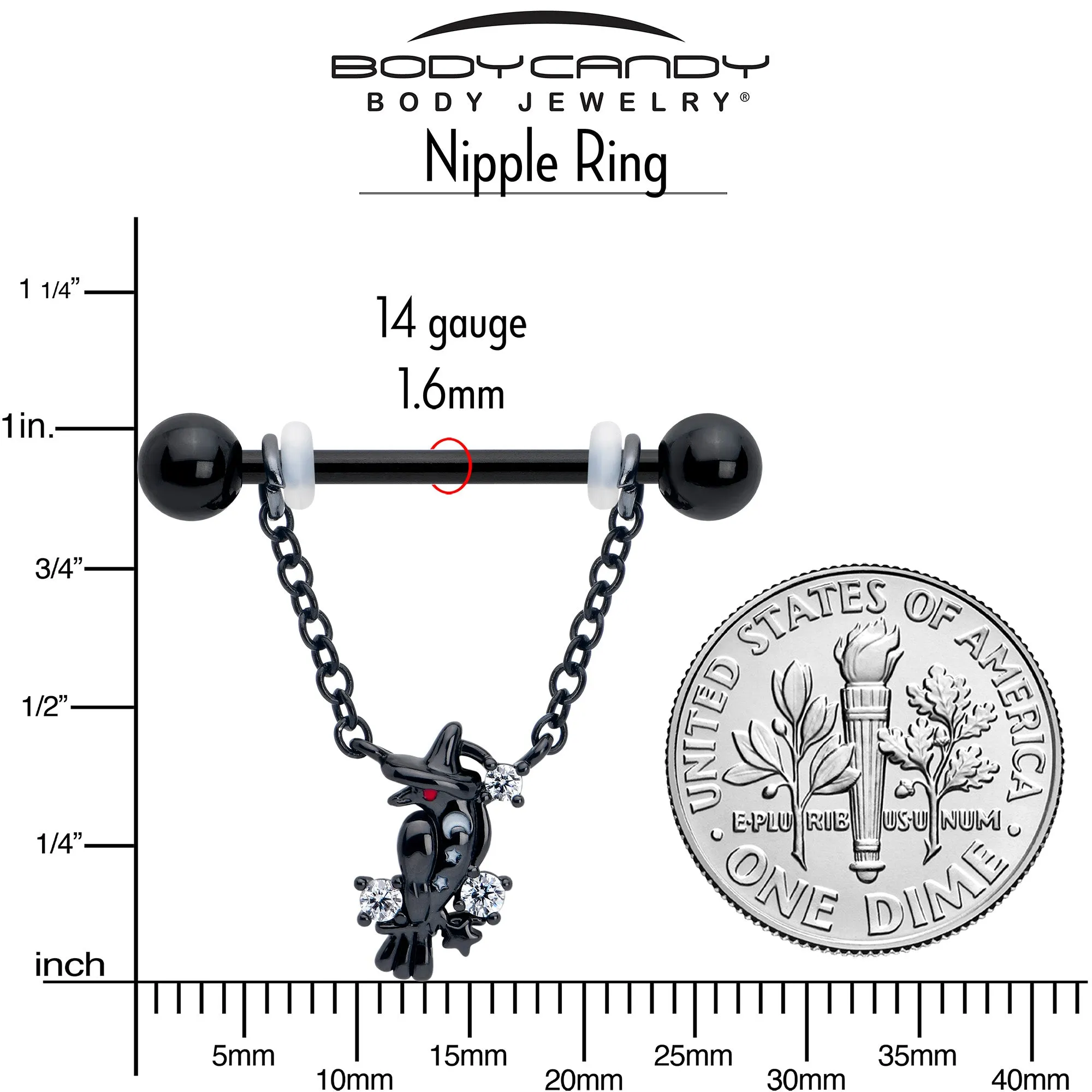 14 Gauge 9/16 Clear CZ Gem Black Raven Witch Dangle Nipple Ring Set