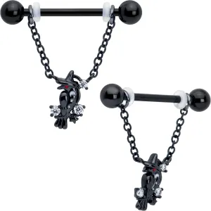 14 Gauge 9/16 Clear CZ Gem Black Raven Witch Dangle Nipple Ring Set