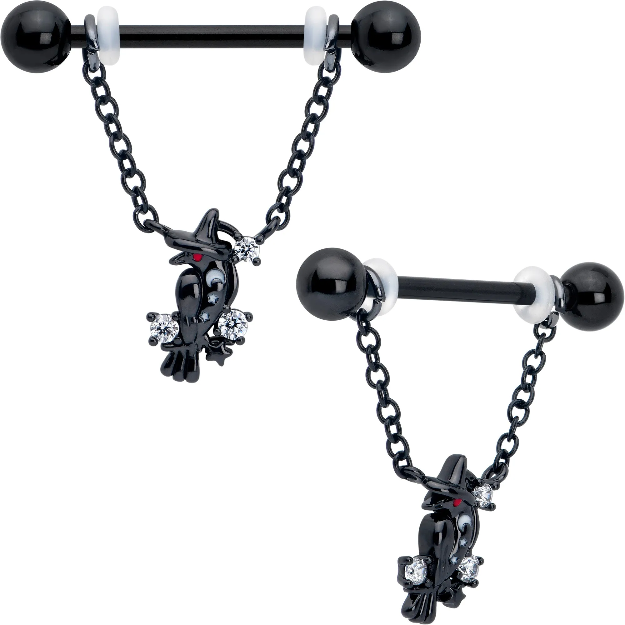 14 Gauge 9/16 Clear CZ Gem Black Raven Witch Dangle Nipple Ring Set