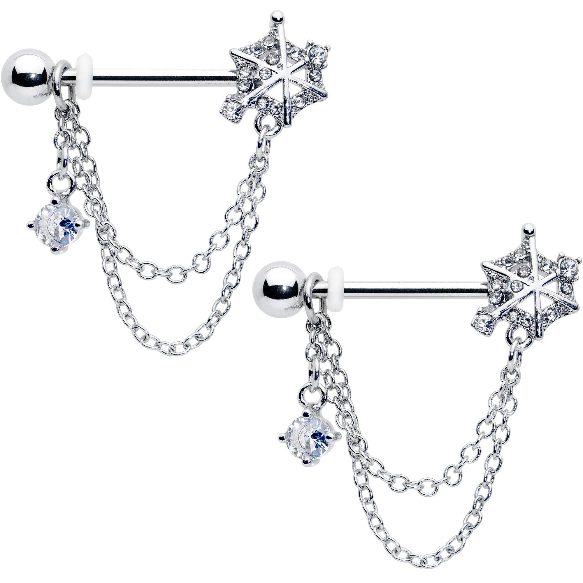 14 Gauge 9/16 Clear CZ Gem Spiderweb Chain Dangle Nipple Ring Set