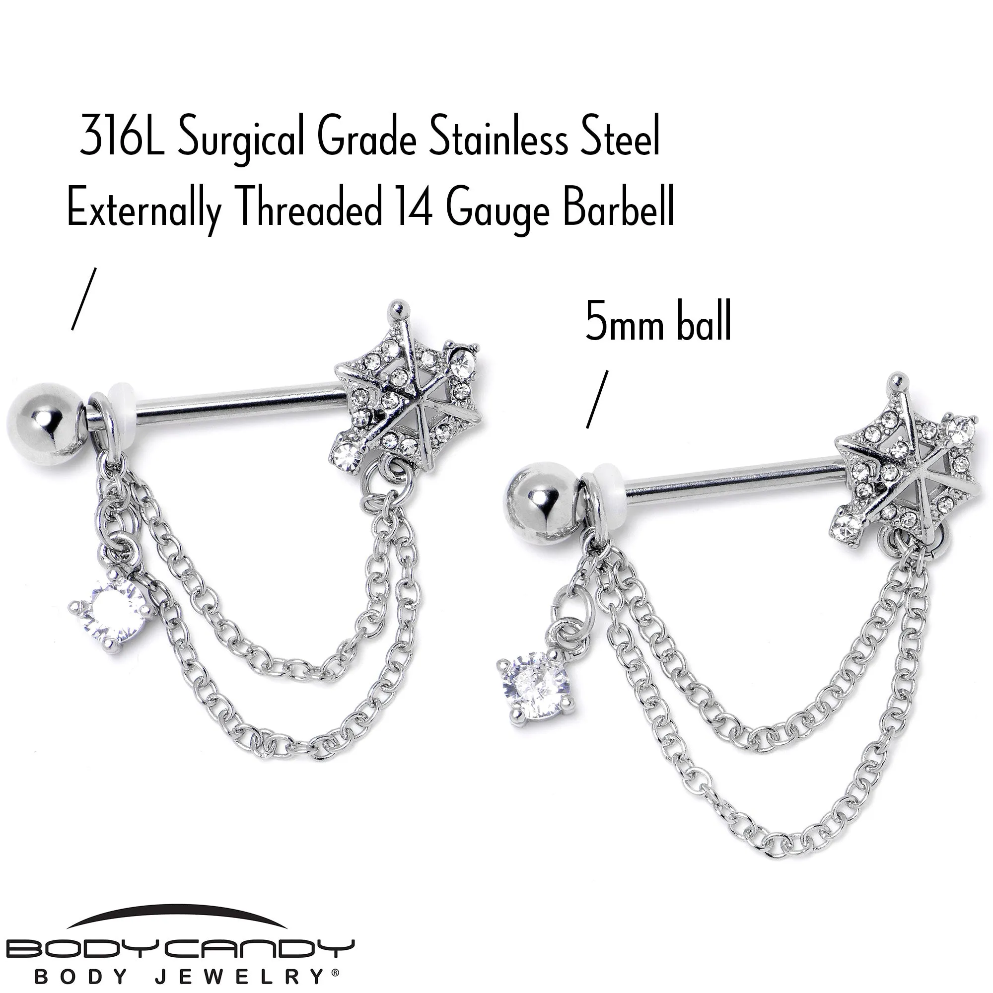 14 Gauge 9/16 Clear CZ Gem Spiderweb Chain Dangle Nipple Ring Set
