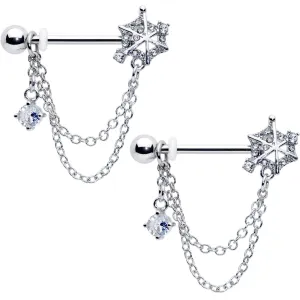 14 Gauge 9/16 Clear CZ Gem Spiderweb Chain Dangle Nipple Ring Set