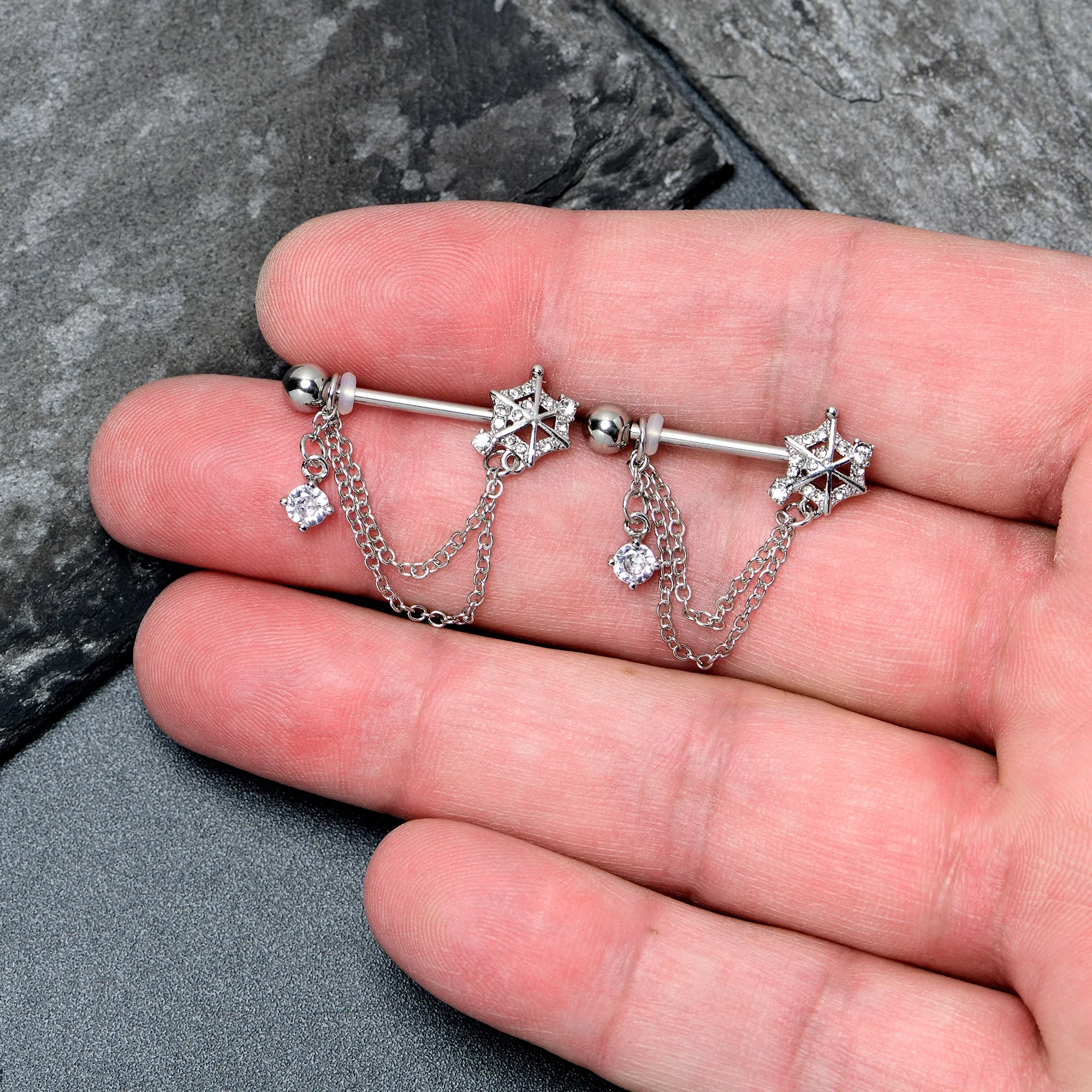 14 Gauge 9/16 Clear CZ Gem Spiderweb Chain Dangle Nipple Ring Set