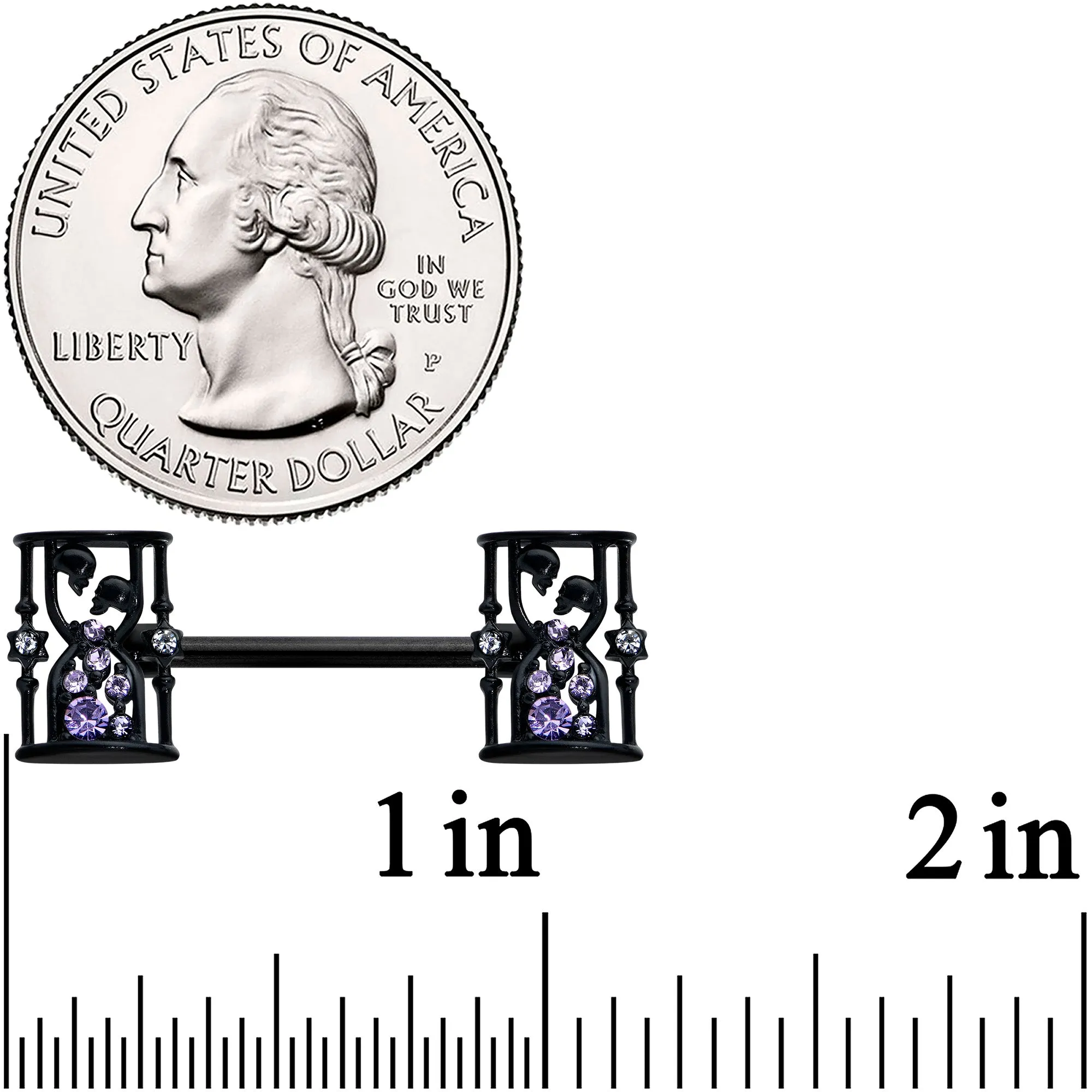 14 Gauge 9/16 Clear Purple Gem Black Gothic Hourglass Nipple Ring Set