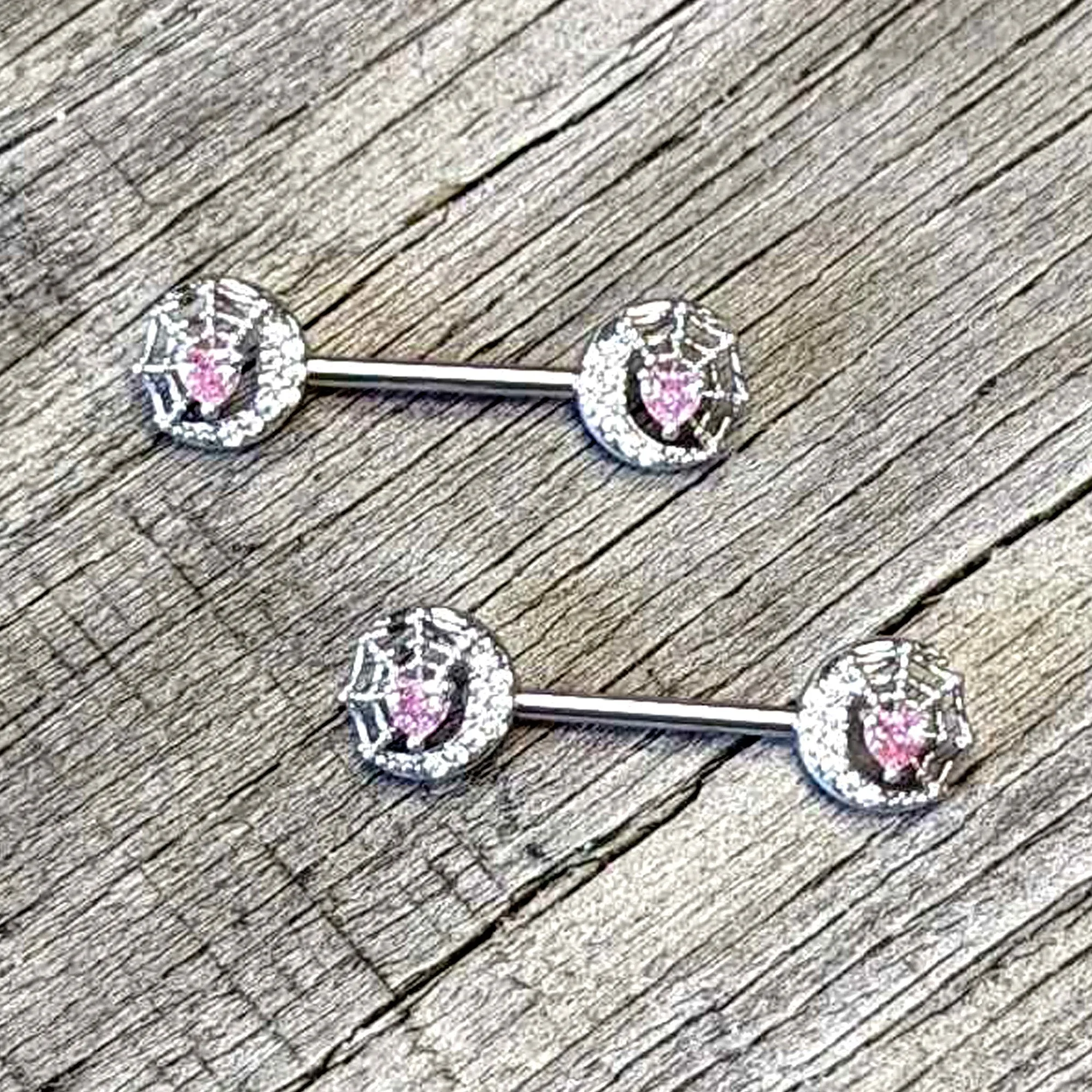 14 Gauge 9/16 Pink CZ Gem Heart Web Moon Barbell Nipple Ring Set