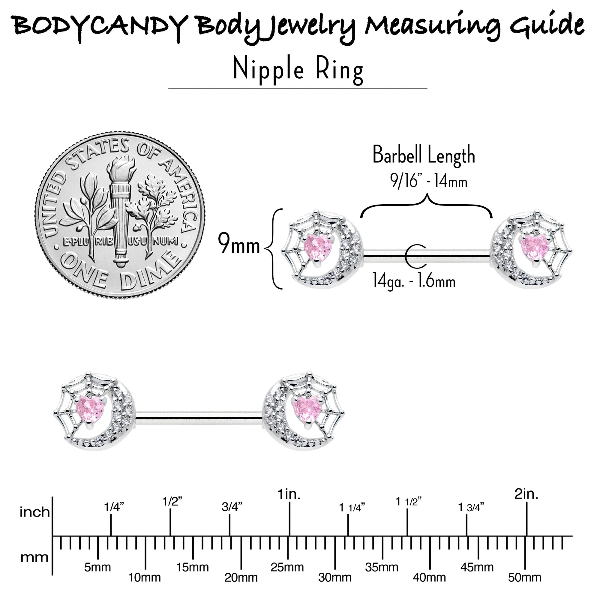 14 Gauge 9/16 Pink CZ Gem Heart Web Moon Barbell Nipple Ring Set