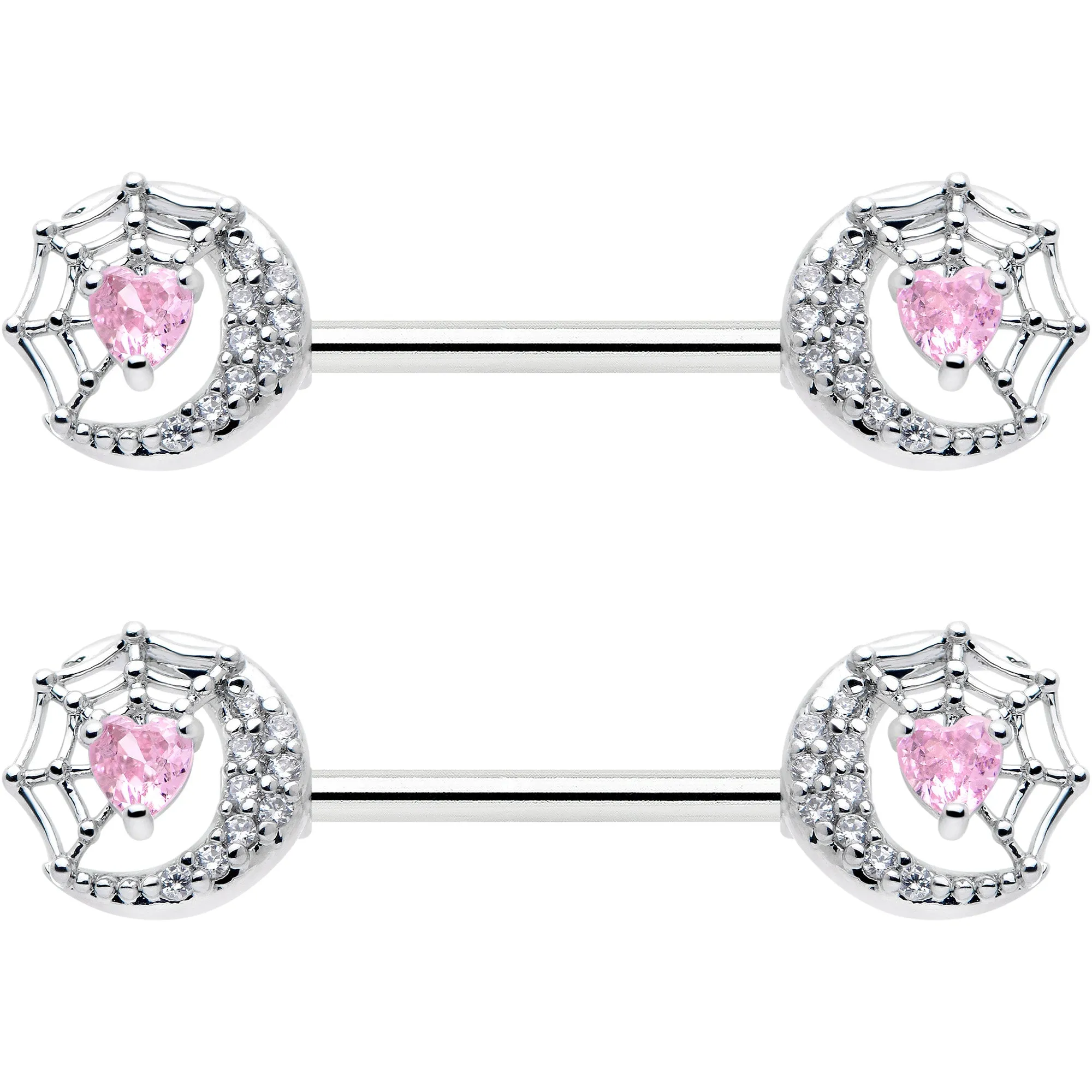 14 Gauge 9/16 Pink CZ Gem Heart Web Moon Barbell Nipple Ring Set