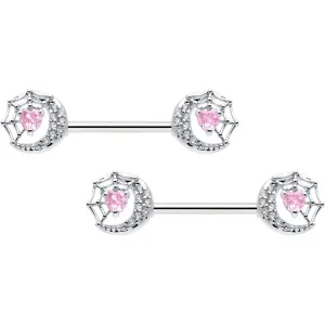 14 Gauge 9/16 Pink CZ Gem Heart Web Moon Barbell Nipple Ring Set